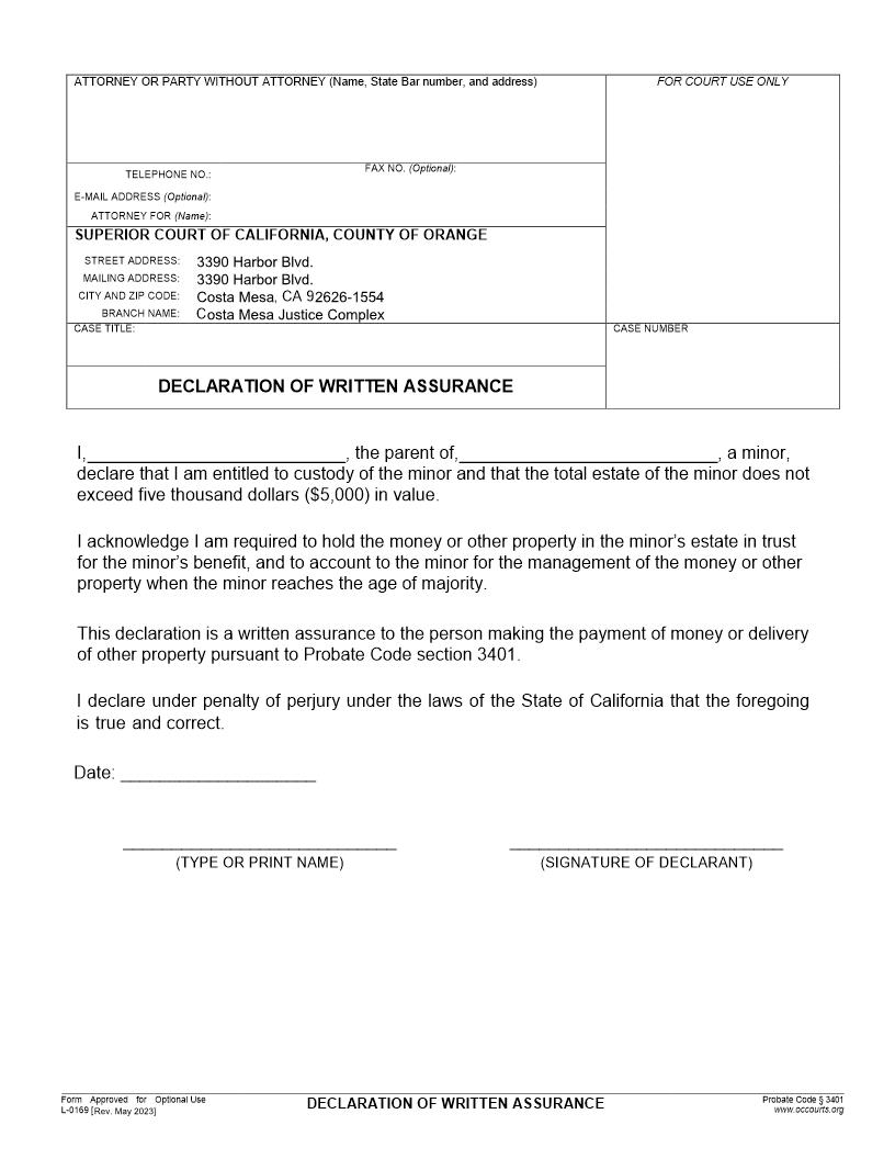 Declaration Of Written Assurance {L-0169} | Pdf Fpdf Docx | California