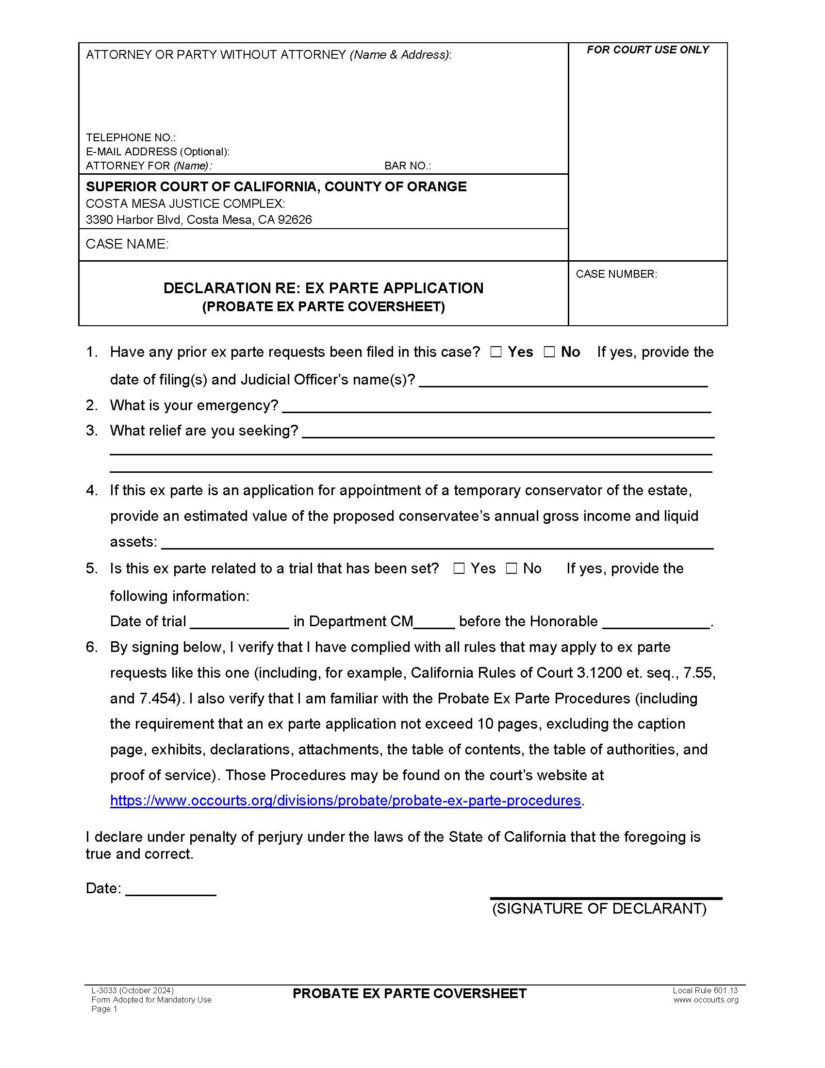 Declaration Re Ex Parte Application (Probate Ex Parte Coversheet) {L-3033} | Pdf Fpdf Docx | California