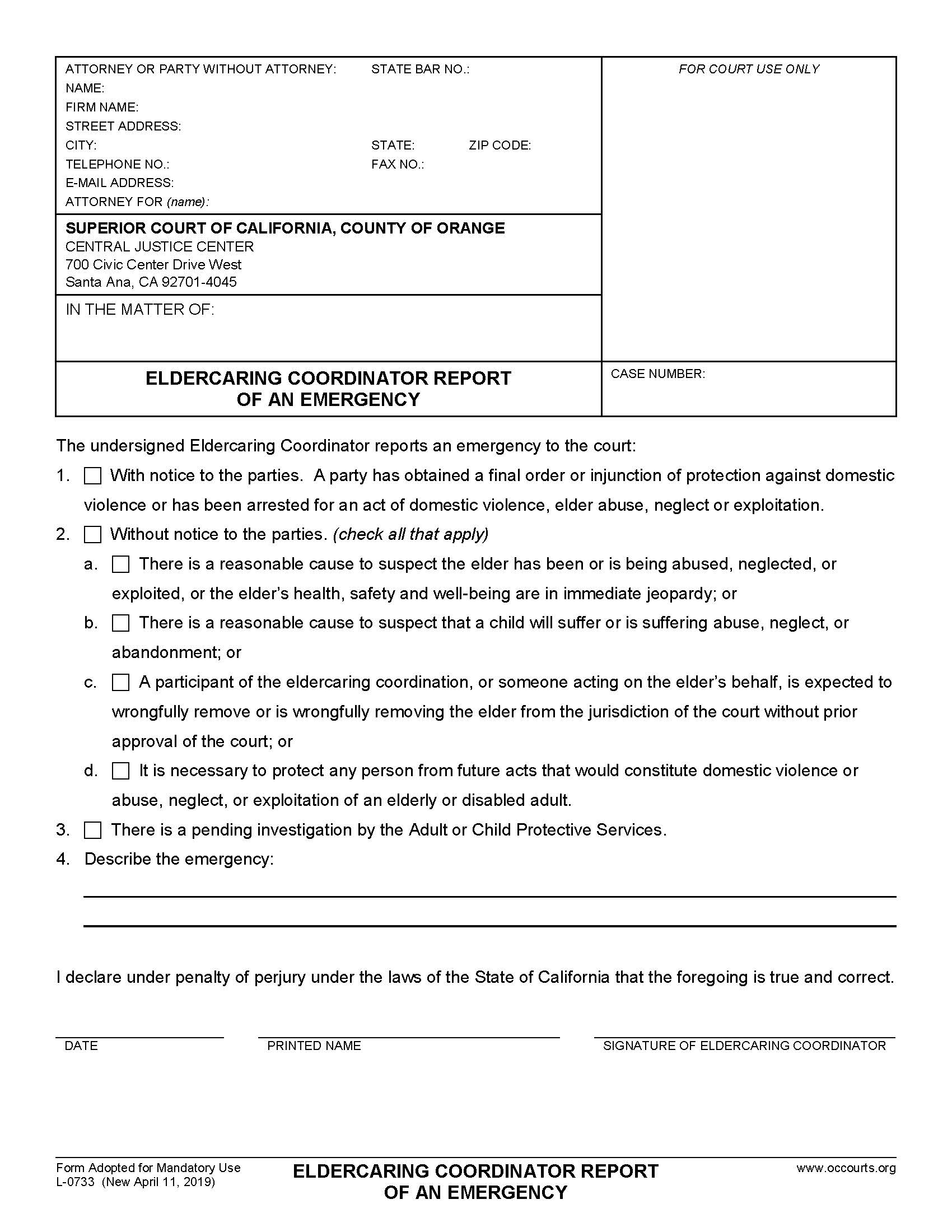 Eldercaring Coordinator Report Of An Emergency {L-0733} | Pdf Fpdf Docx | California