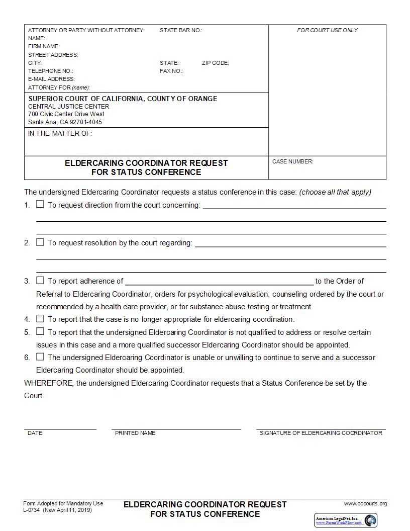 Eldercaring Coordinator Request For Status Conference {L-0734} | Pdf Fpdf Docx | California