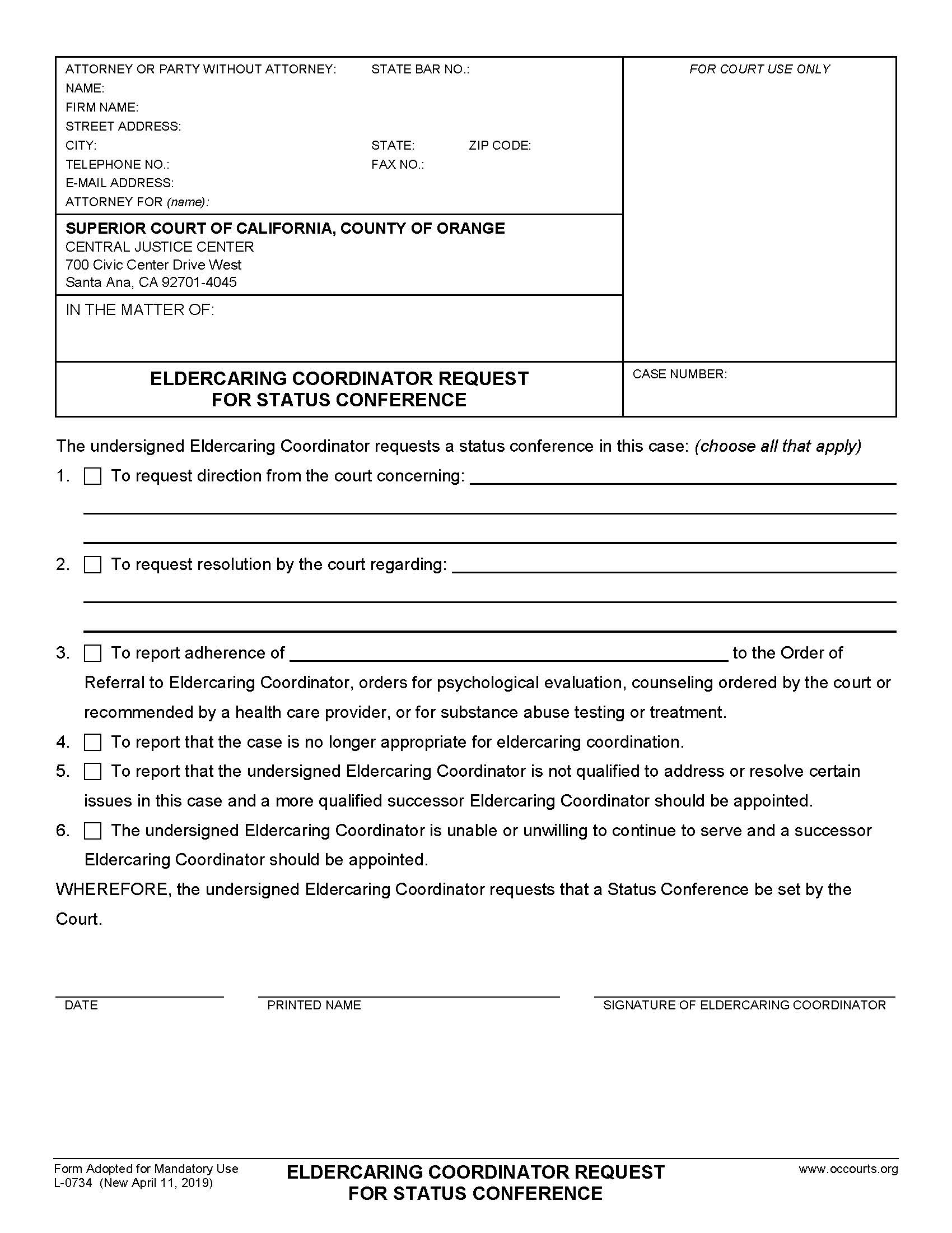 Eldercaring Coordinator Request For Status Conference {L-0734} | Pdf Fpdf Docx | California