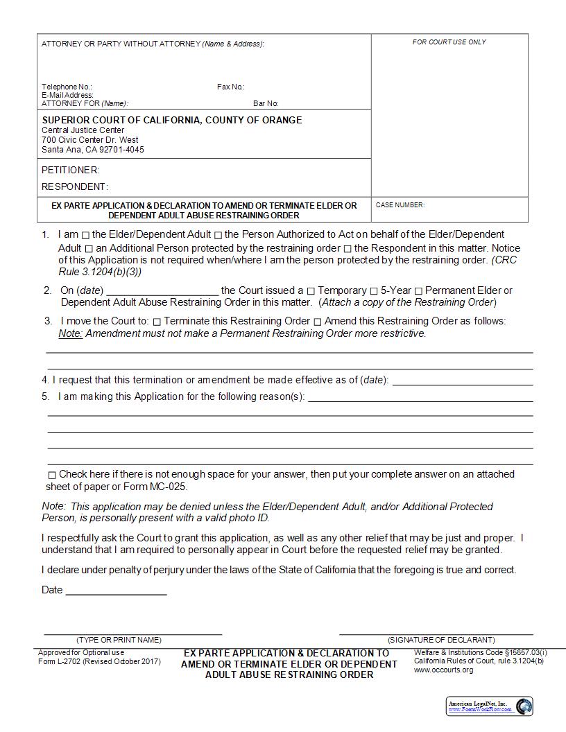 Ex Parte Application And Declaration To Amend Or Terminate EA Restraining Order {L-2702} | Pdf Fpdf Docx | California
