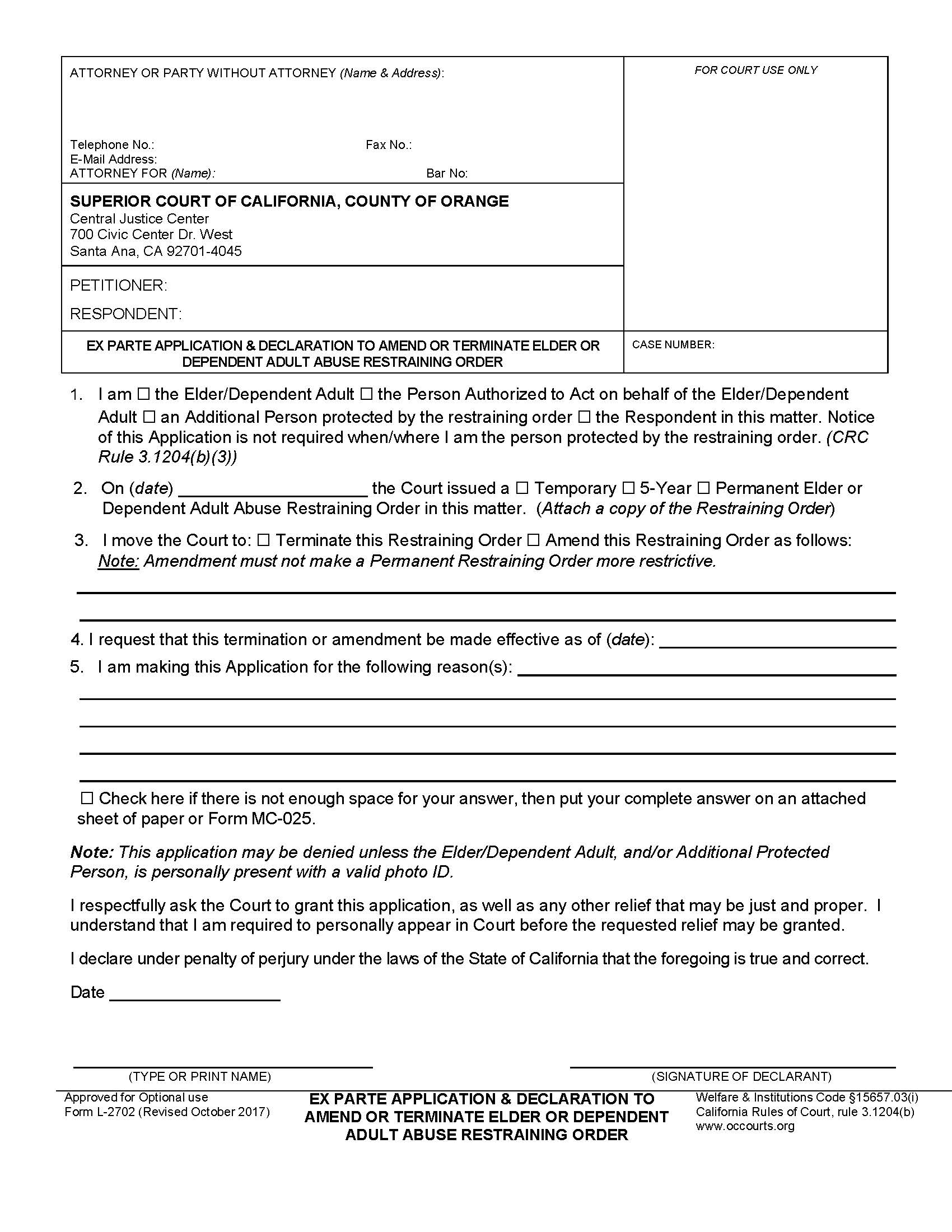 Ex Parte Application And Declaration To Amend Or Terminate EA Restraining Order {L-2702} | Pdf Fpdf Docx | California