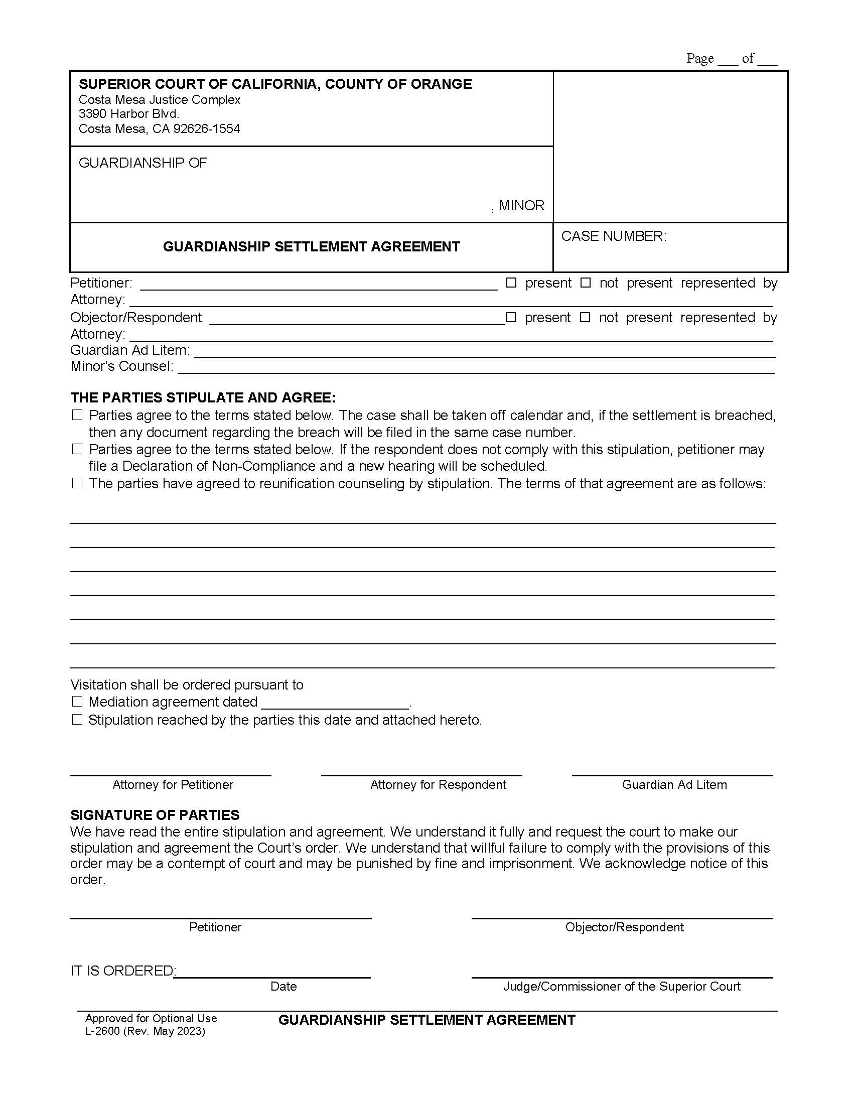 Guardianship Settlement Agreement {L-2600} | Pdf Fpdf Docx | California