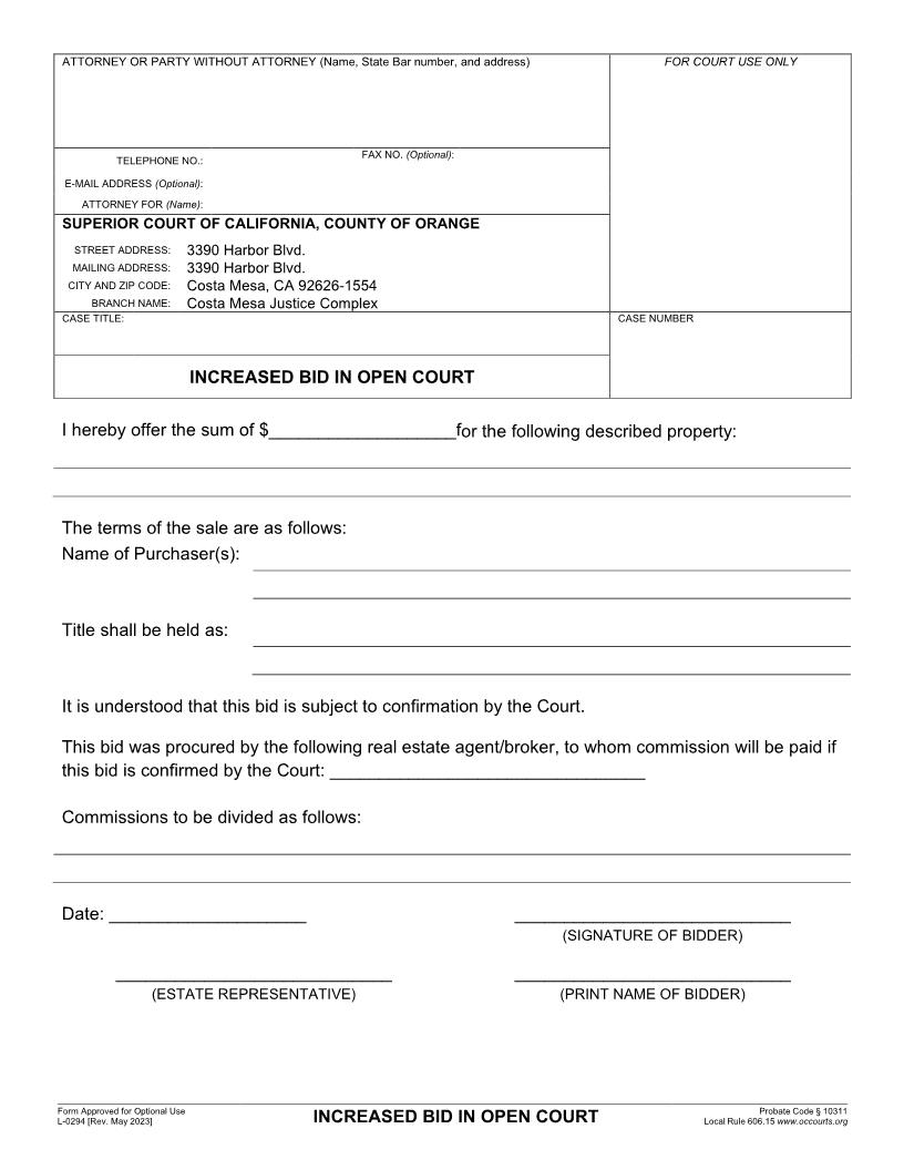 Increased Bid In Open Court {L-0294} | Pdf Fpdf Docx | California