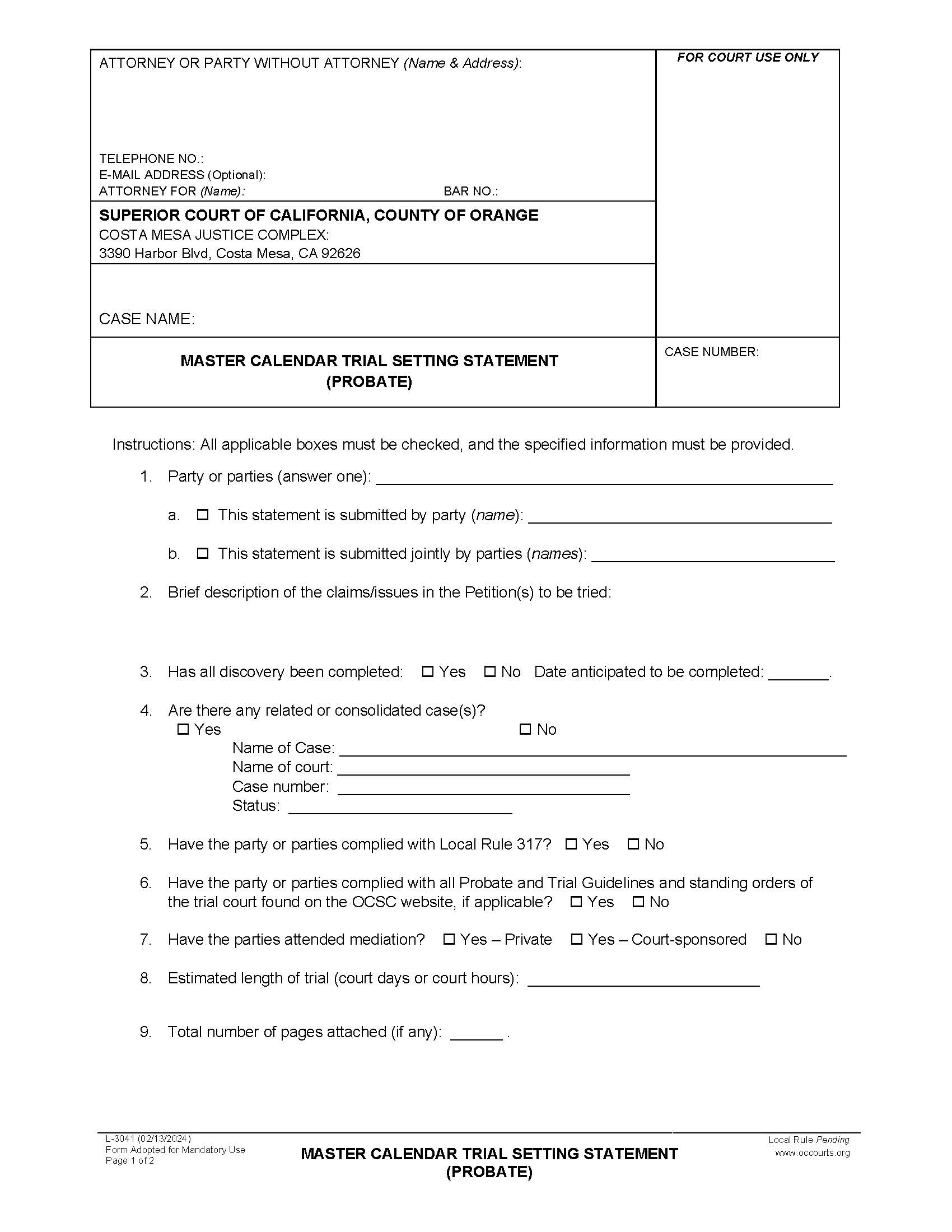 Master Calendar Trial Setting Statement (Probate) {L-3041} | Pdf Fpdf Docx | California