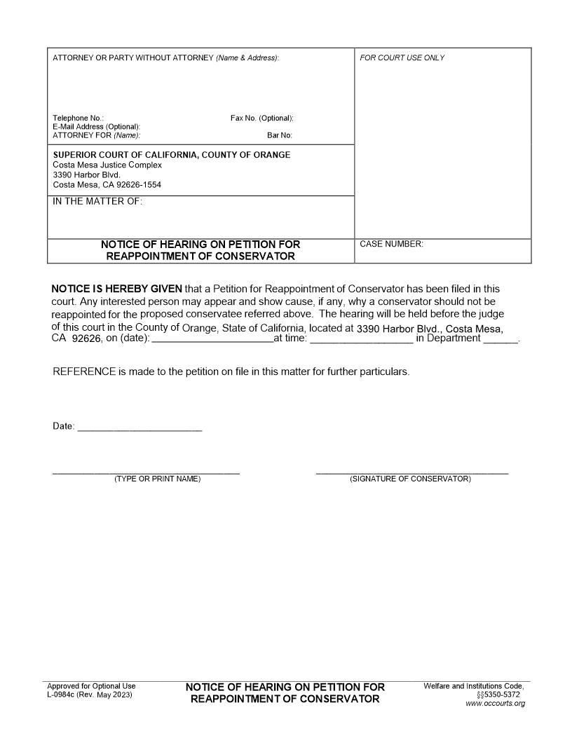 Notice Of Hearing On Petition For Reappointment Of Conservator {L-0984c} | Pdf Fpdf Doc Docx | California