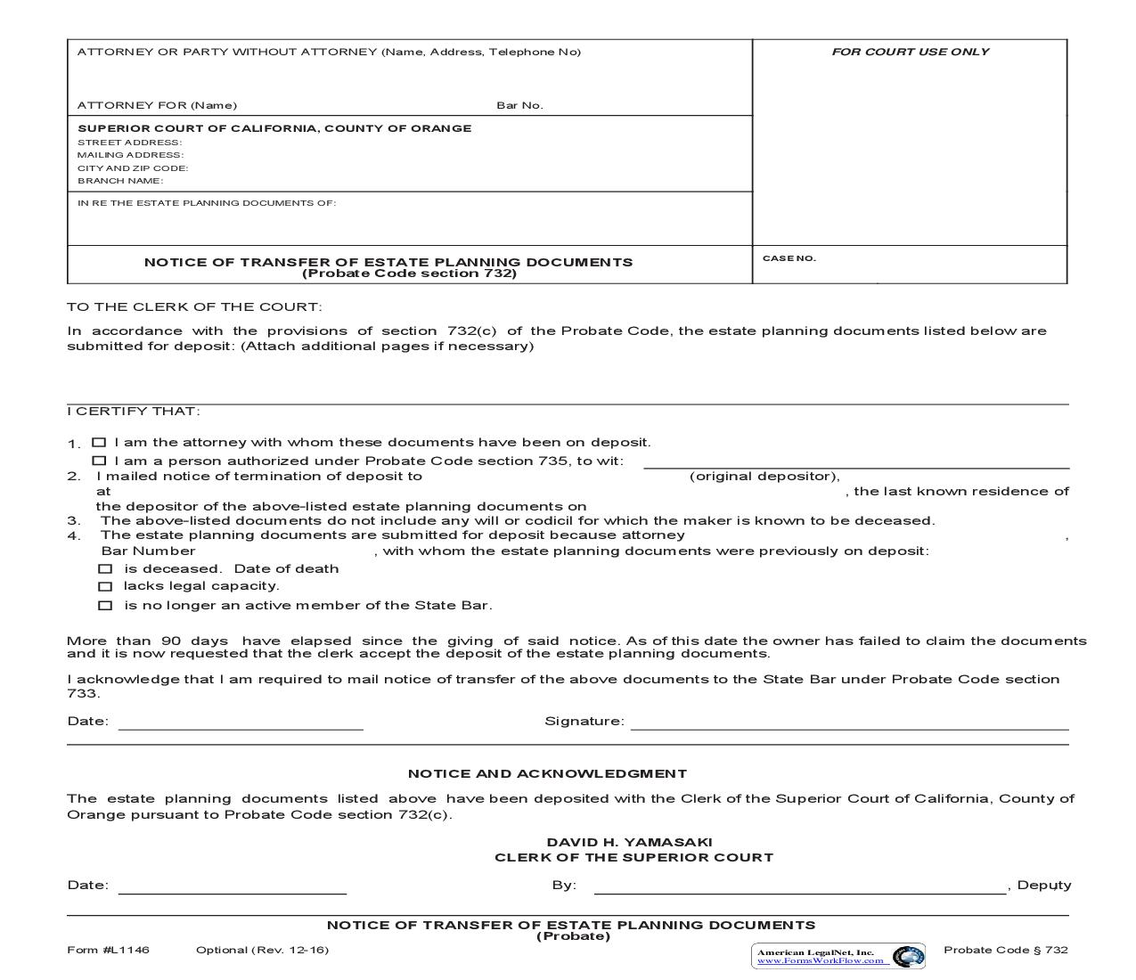 Notice Of Transfer Of Estate Planning Documents {L1146} | Pdf Fpdf Doc Docx | California