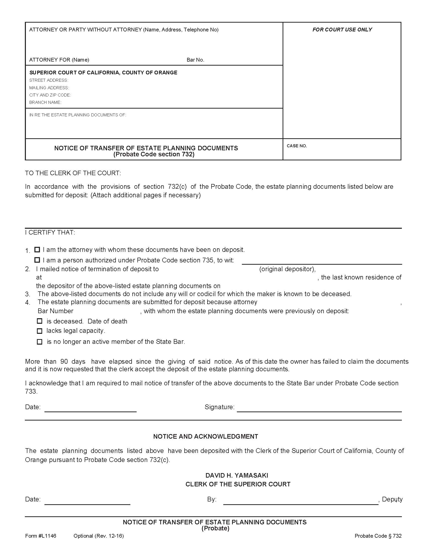 Notice Of Transfer Of Estate Planning Documents {L1146} | Pdf Fpdf Doc Docx | California