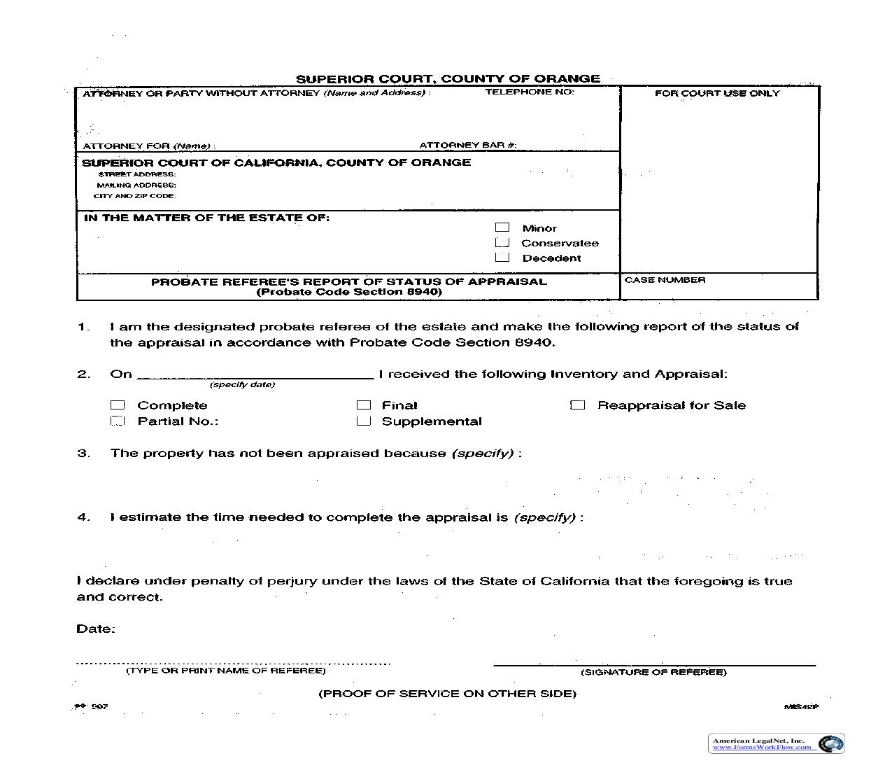 Probate Referees Report Of Status Of Appraisal (Probate Code Section 8940) {L-0907} | Pdf Fpdf Doc Docx | California