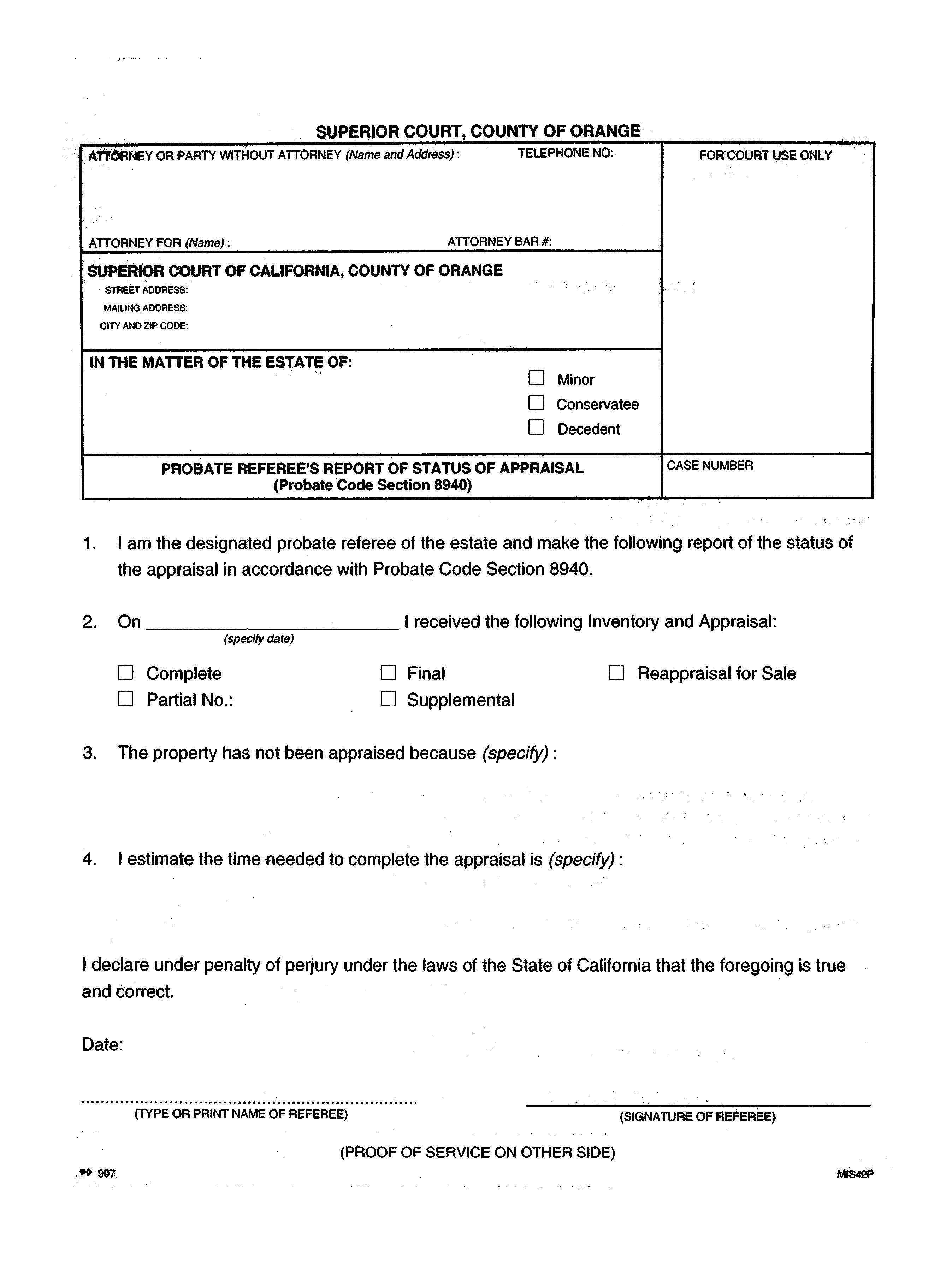 Probate Referees Report Of Status Of Appraisal (Probate Code Section 8940) {L-0907} | Pdf Fpdf Doc Docx | California