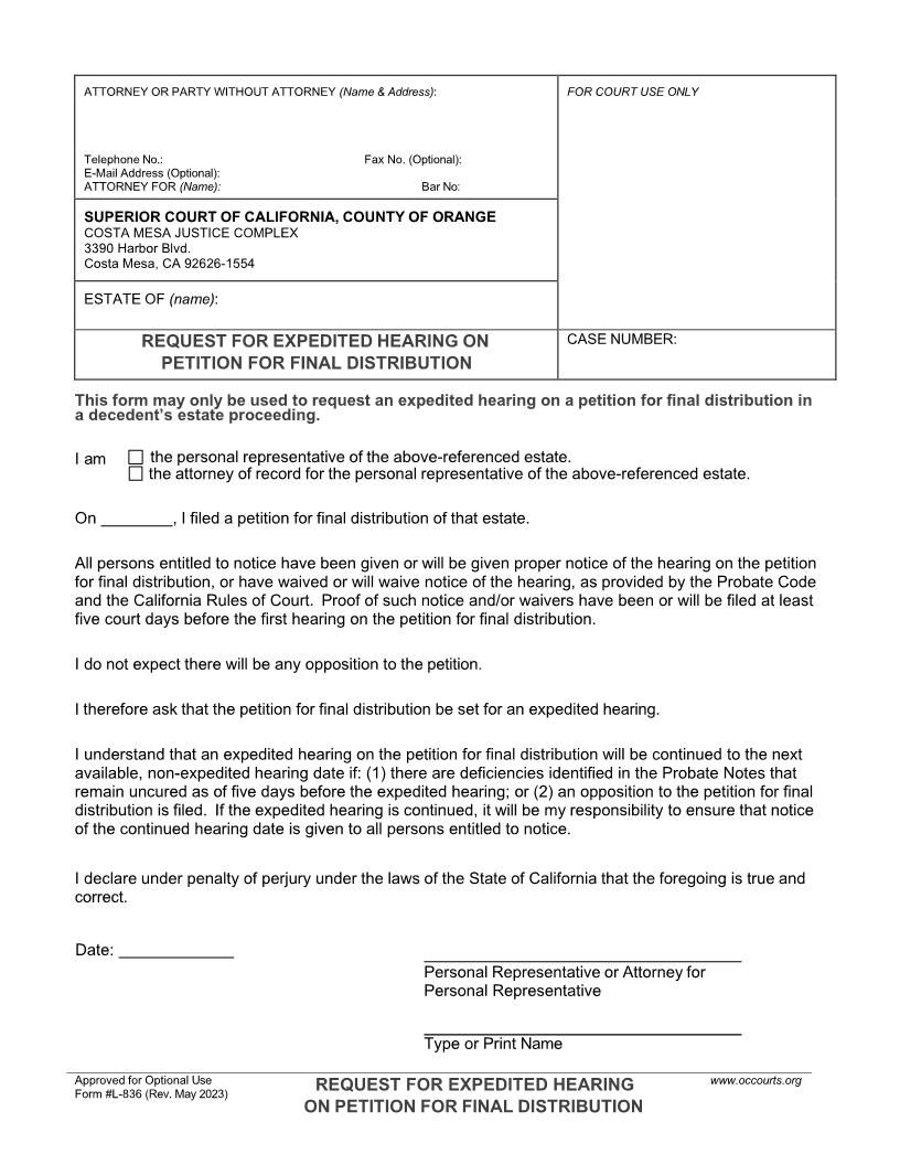 Request For Expedited Hearing On Petition For Final Distribution {L-836} | Pdf Fpdf Docx | California