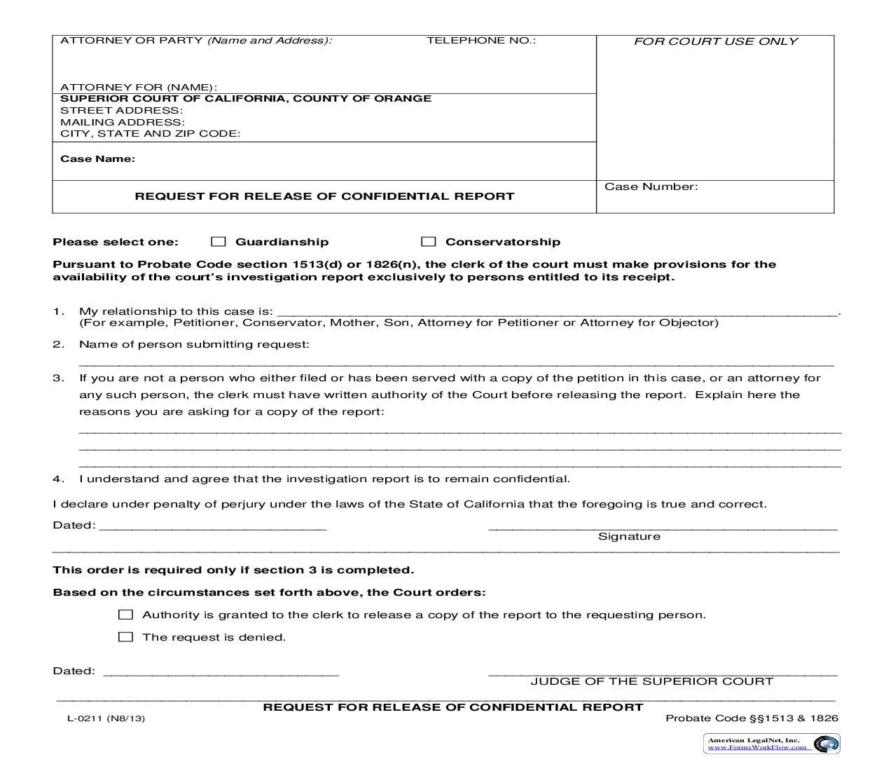 Request For Release Of Confidential Report {L-0211} | Pdf Fpdf Doc Docx | California