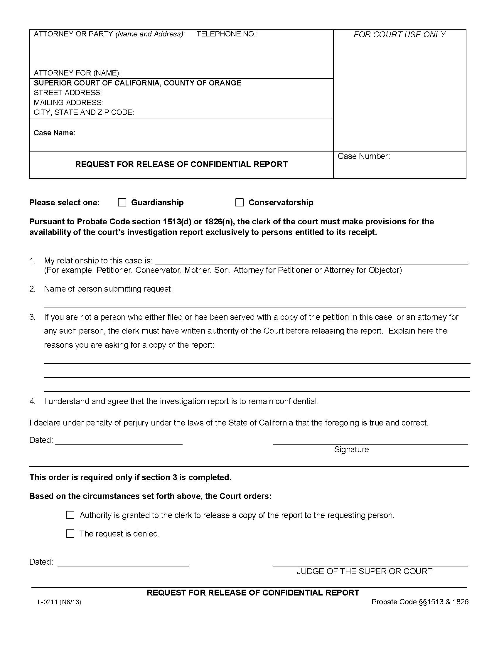 Request For Release Of Confidential Report {L-0211} | Pdf Fpdf Doc Docx | California