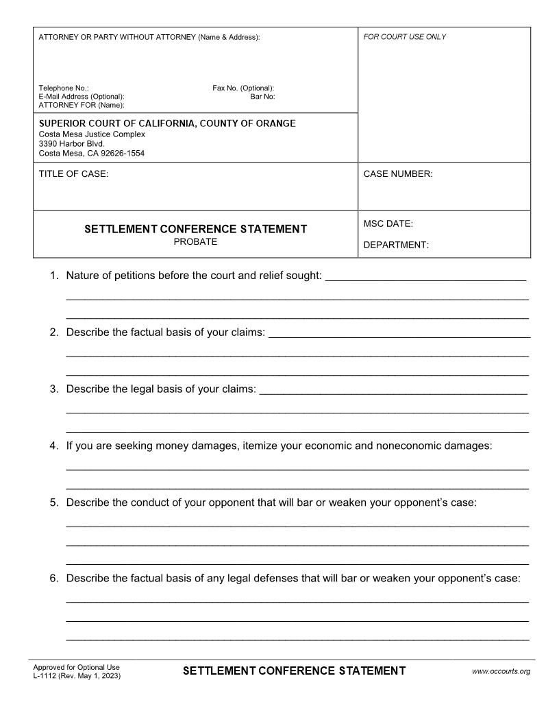 Settlement Conference Statement (Probate) {L-1112} | Pdf Fpdf Doc Docx | California