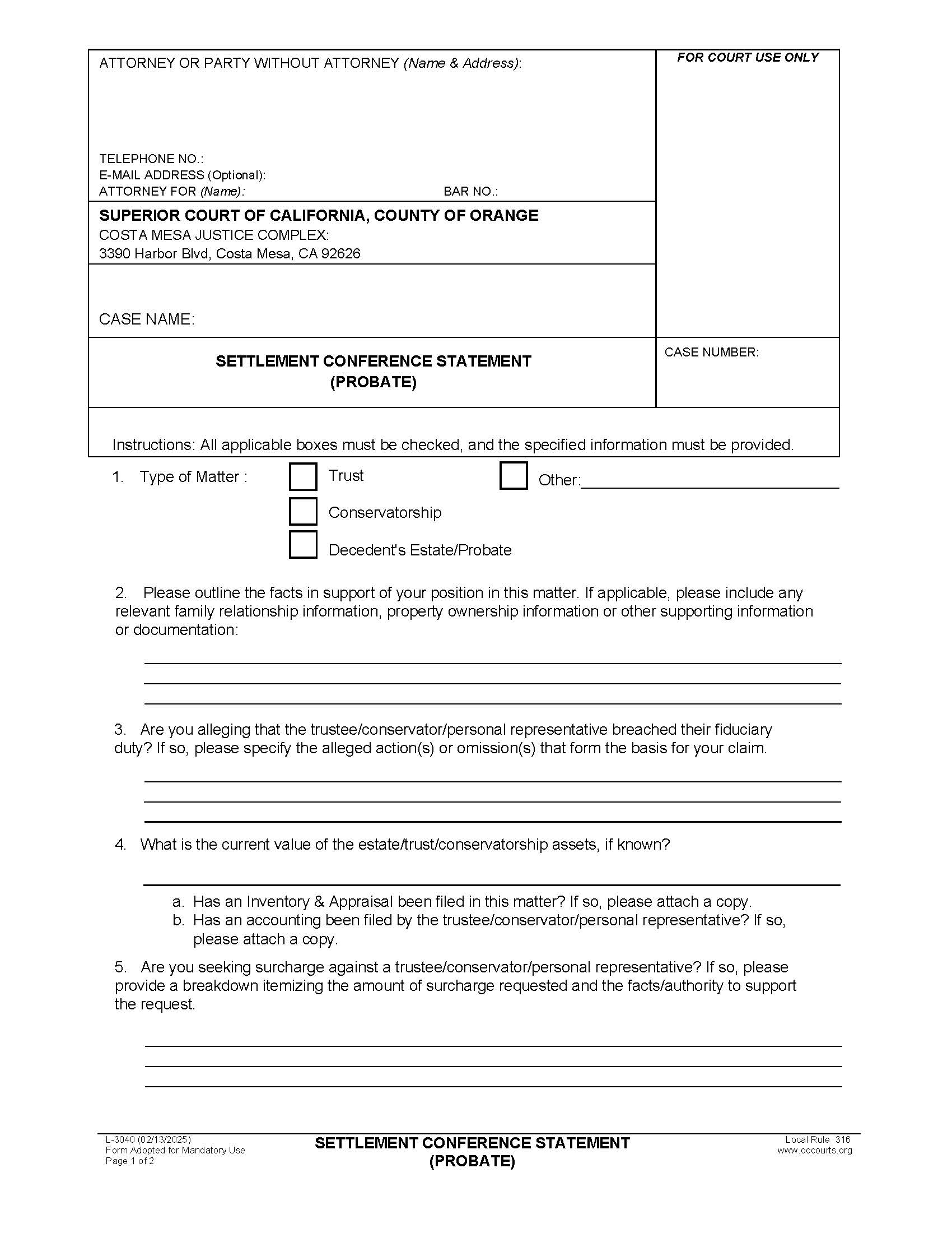 Settlement Conference Statement (Probate) {L-3040} | Pdf Fpdf Docx | California
