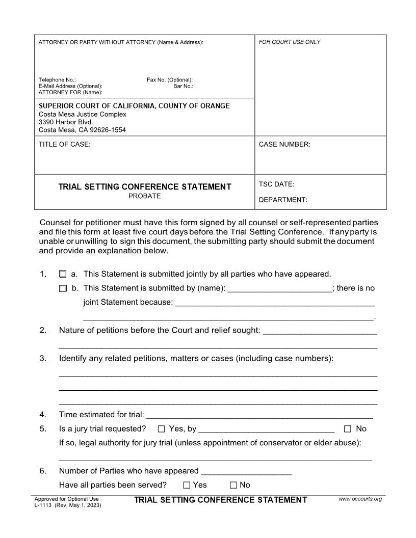 Trial Setting Conference Statement {L-1113} | Pdf Fpdf Doc Docx | California