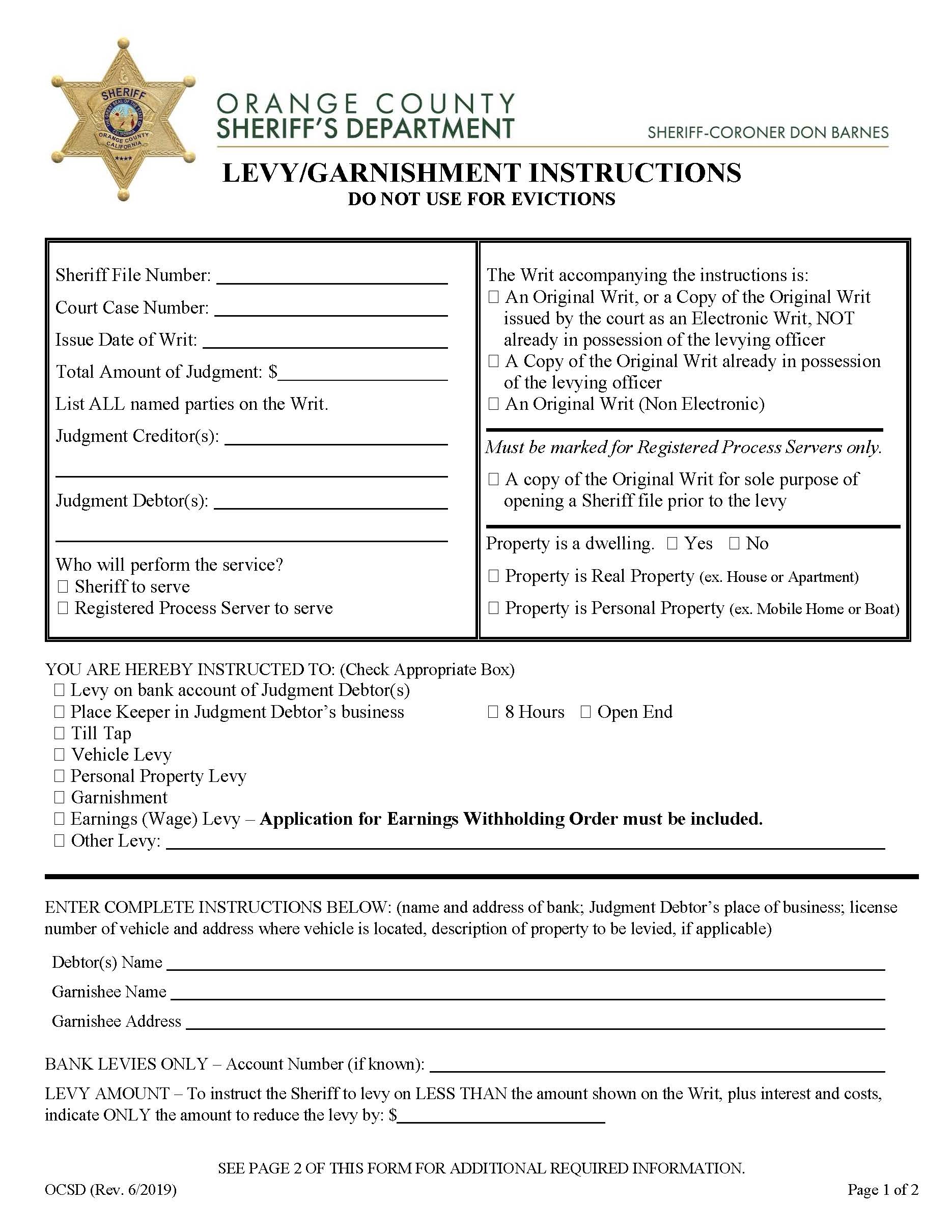 Sheriff Levy-Garnishment Instructions {OCSD3} | Pdf Fpdf Docx | California