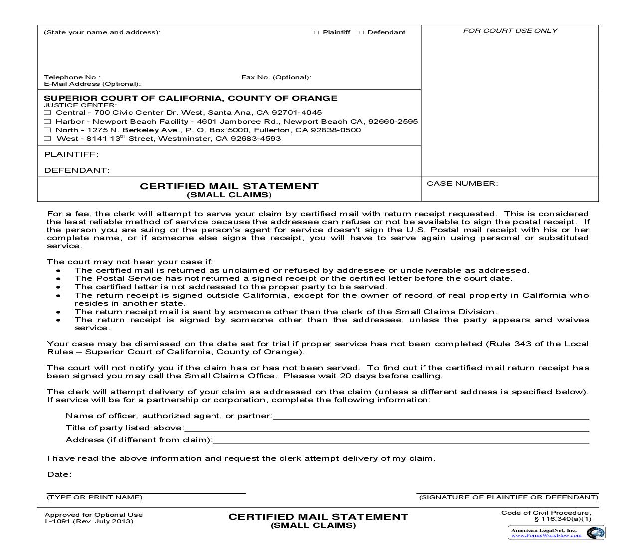 Certified Mail Statement (Small Claims) {L1091} | Pdf Fpdf Doc Docx | California