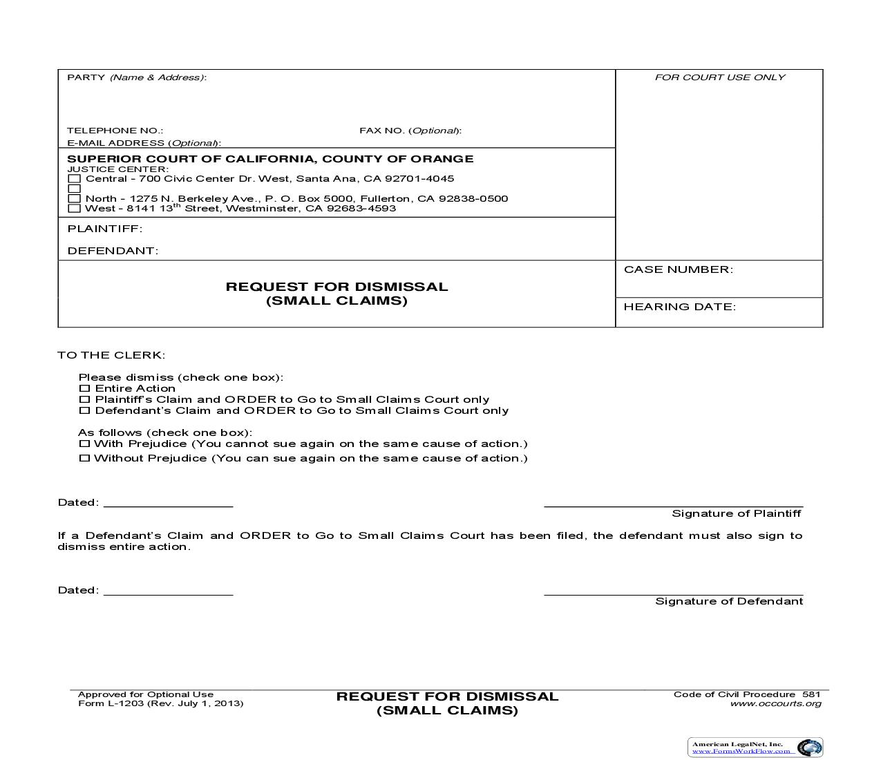 Request For Dismissal (Small Claims) {L-1203} | Pdf Fpdf Doc Docx | California