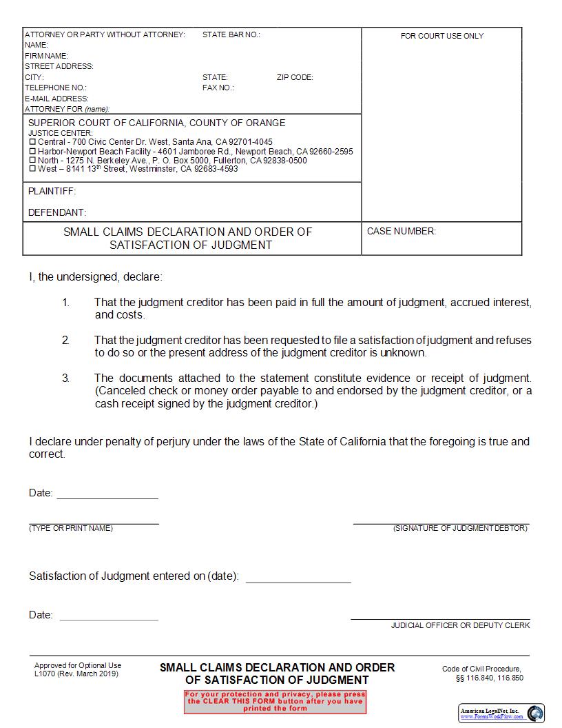 Small Claims Declaration And Order Of Satisfaction Of Judgment {L1070} | Pdf Fpdf Docx | California