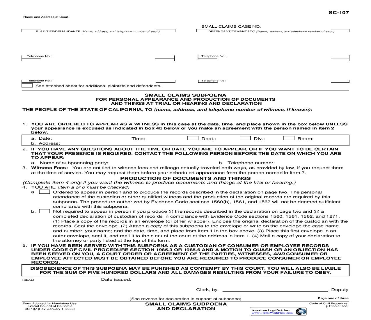 Small Claims Subpoena For Personal Appearance And Production Of Documents {L-0520} | Pdf Fpdf Doc Docx | California