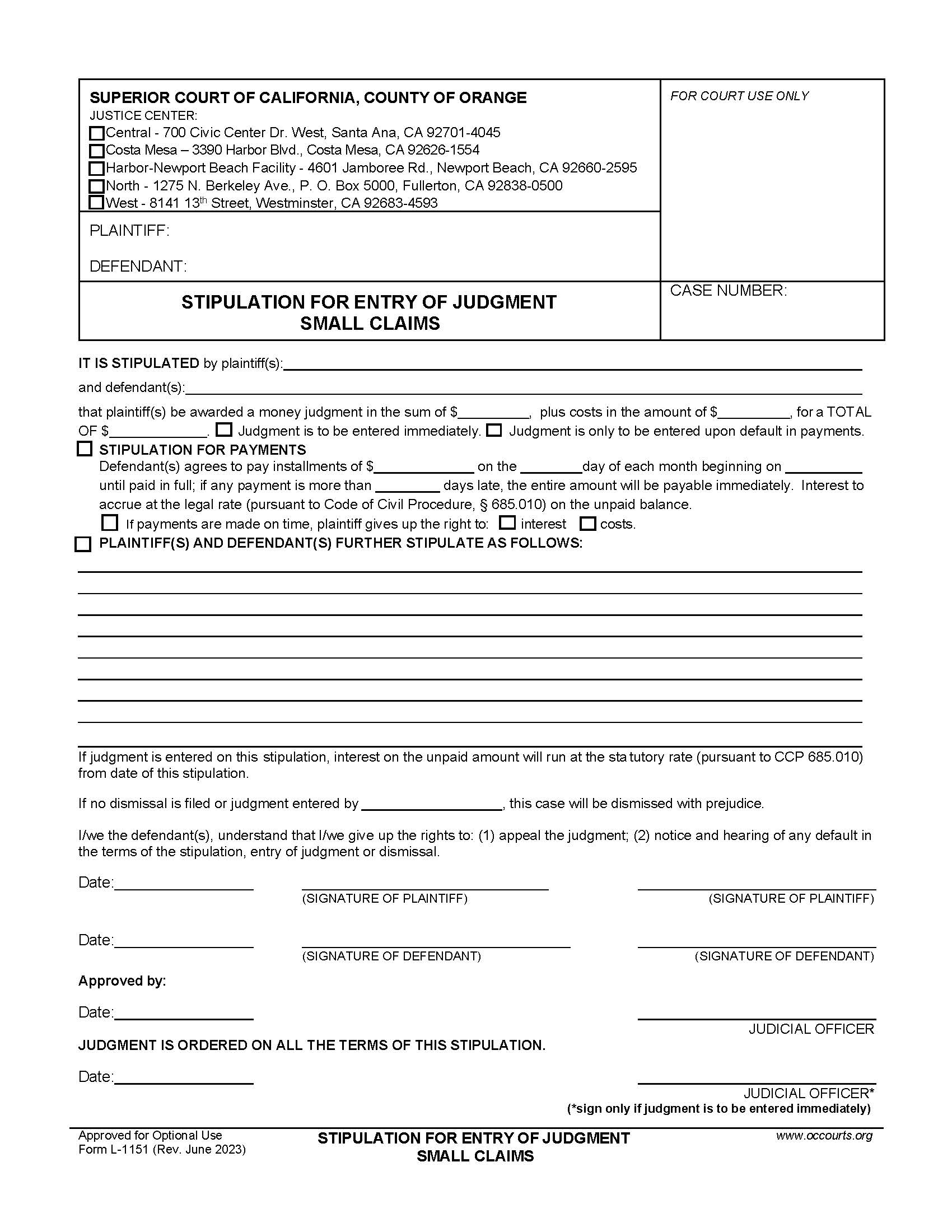 Stipulation For Entry Of Judgment-Small Claims {L1151} | Pdf Fpdf Doc Docx | California