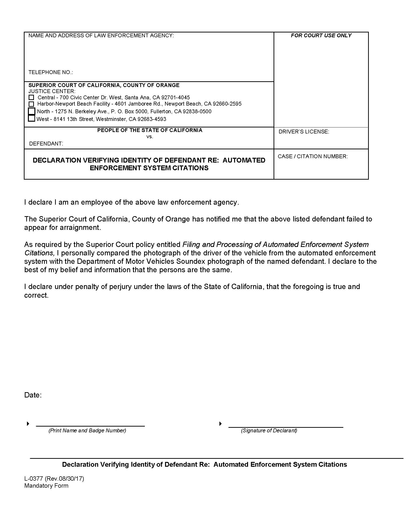 Declaration Verifying Identity Of Defendent Re Automated Enforcement System Citations {L-0377} | Pdf Fpdf Docx | California