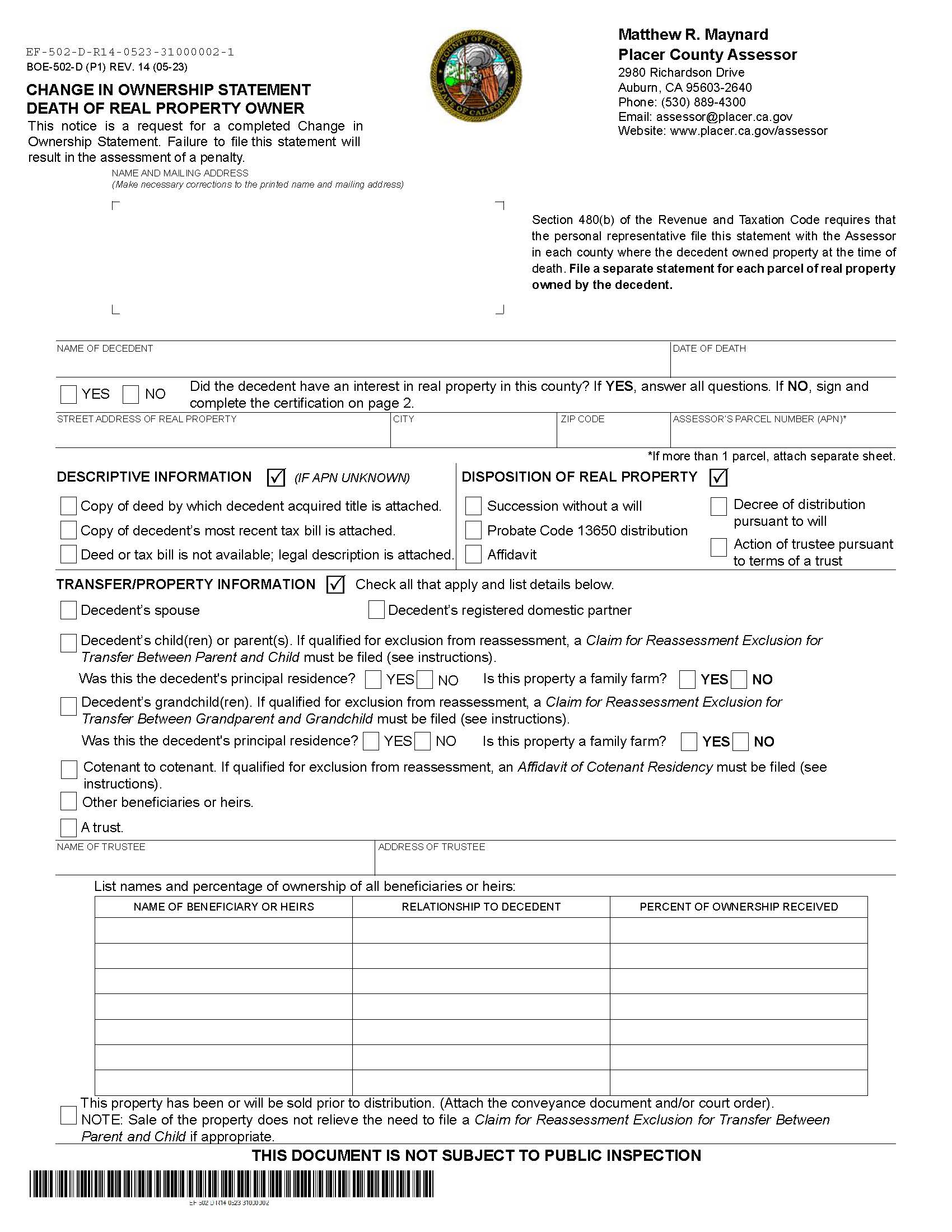 Change In Ownership Statement Death Of Real Property Owner (Placer County) {BOE-502-D} | Pdf Fpdf Docx | California