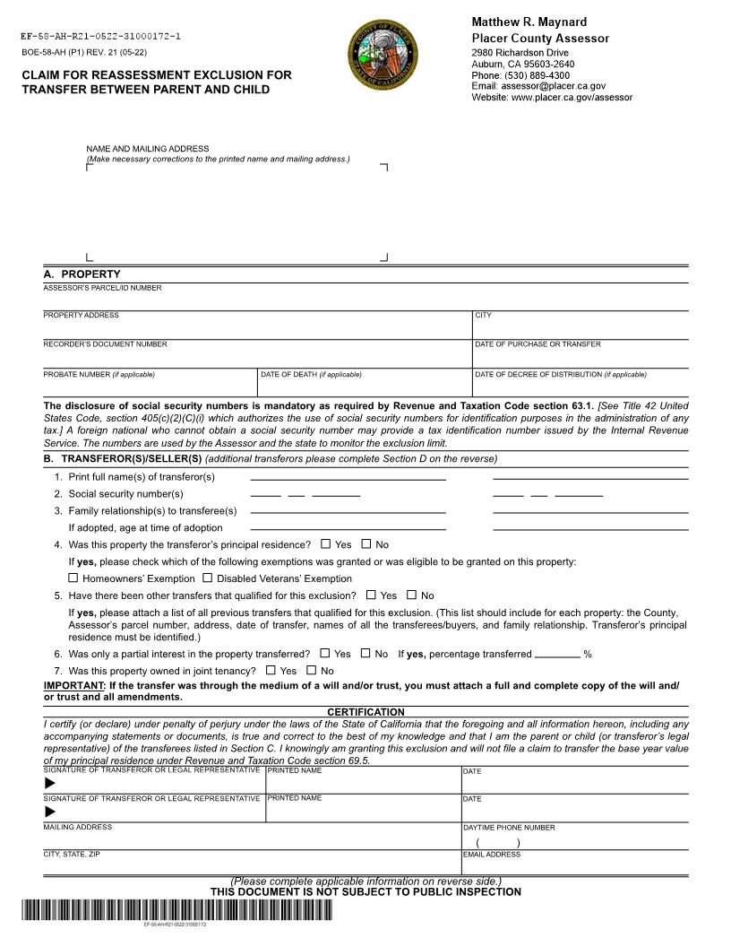 Claim For Reassessment Exclusion For Transfer Between Parent And Child (Before 02-16-21) (Placer) {BOE-58-AH} | Pdf Fpdf Docx | California