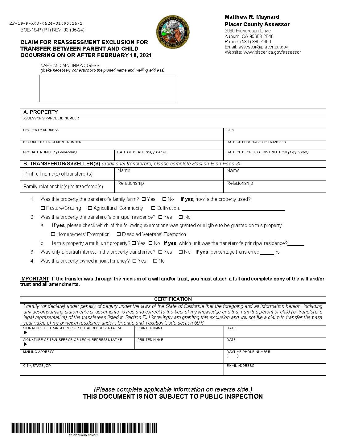 Claim For Reassessment Exclusion For Transfer Between Parent And Child (Placer County) {BOE-19-P} | Pdf Fpdf Docx | California