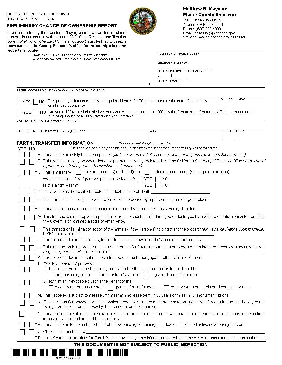 Preliminary Change Of Ownership Report (Placer County) {BOE-502-A} | Pdf Fpdf Docx | California