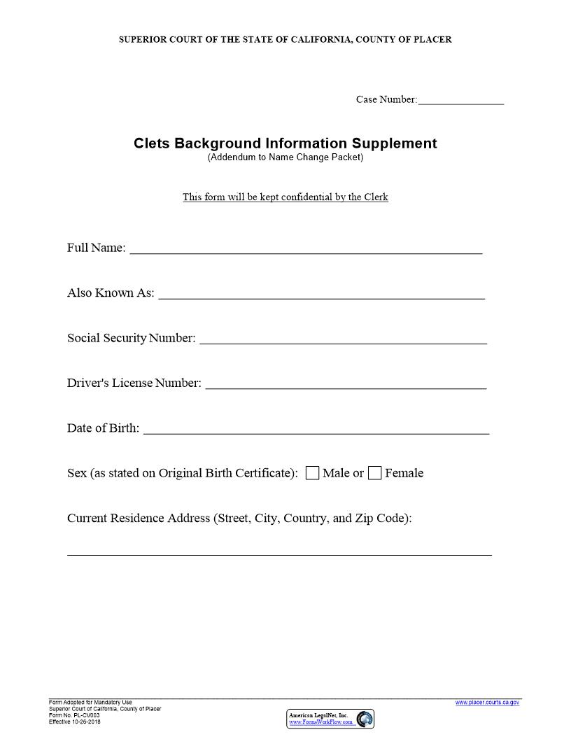 Addendum To Name Change Packet {PL-CV003} | Pdf Fpdf Docx | California