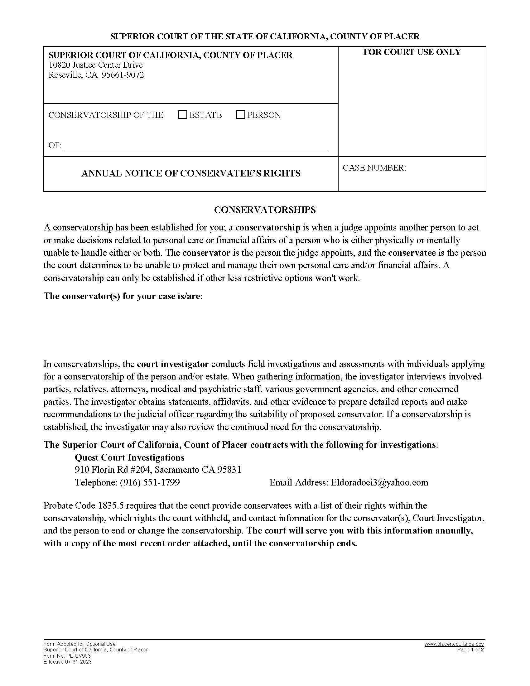 Annual Notice Of Conservatees Rights {PL-CV903} | Pdf Fpdf Docx | California