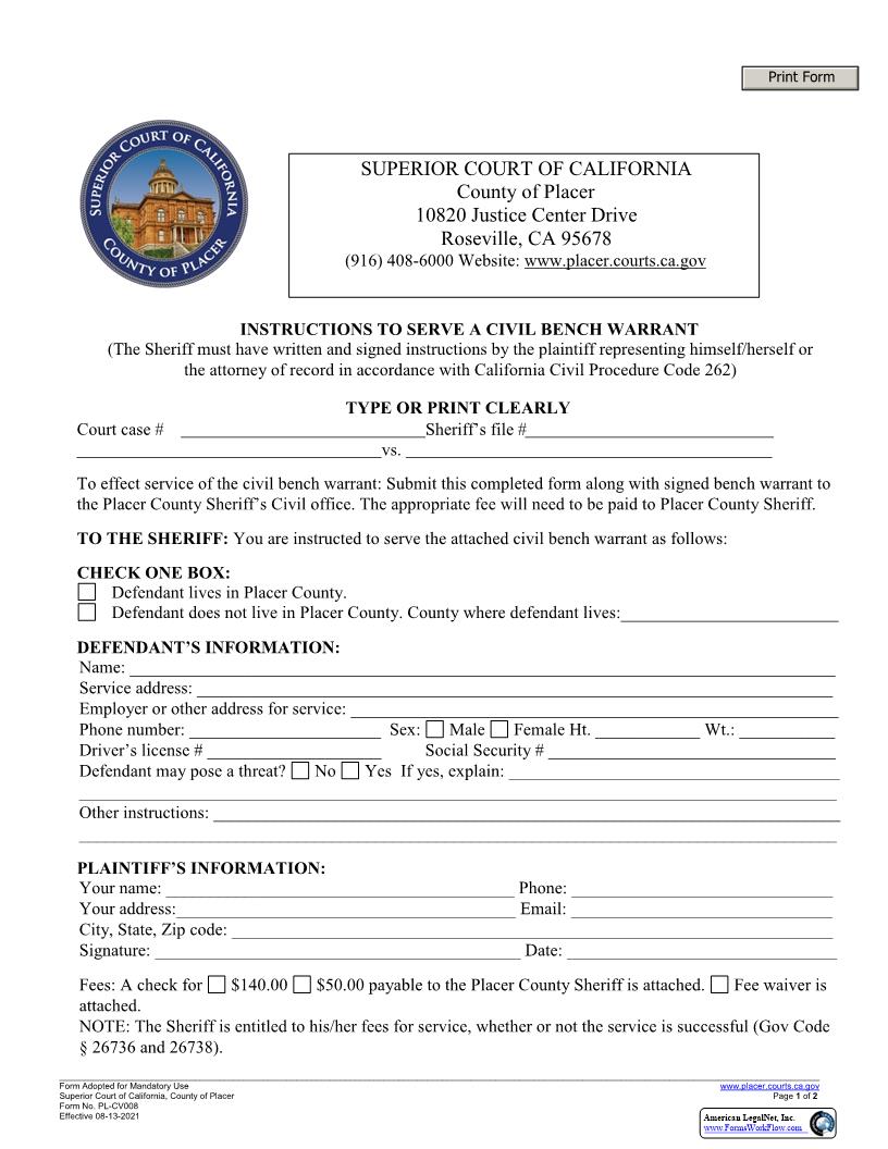 Civil Bench Warrant {PL-CV008} | Pdf Fpdf Docx | California