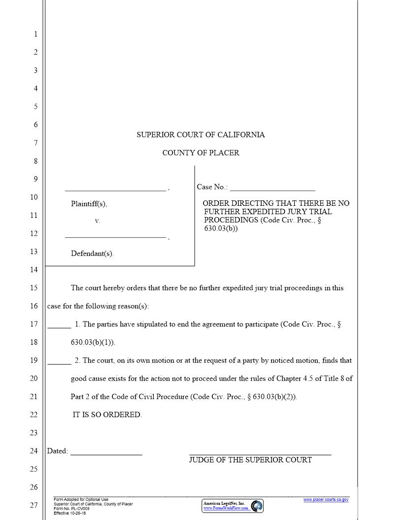 No Further EJT Order {PL-CV005} | Pdf Fpdf Docx | California