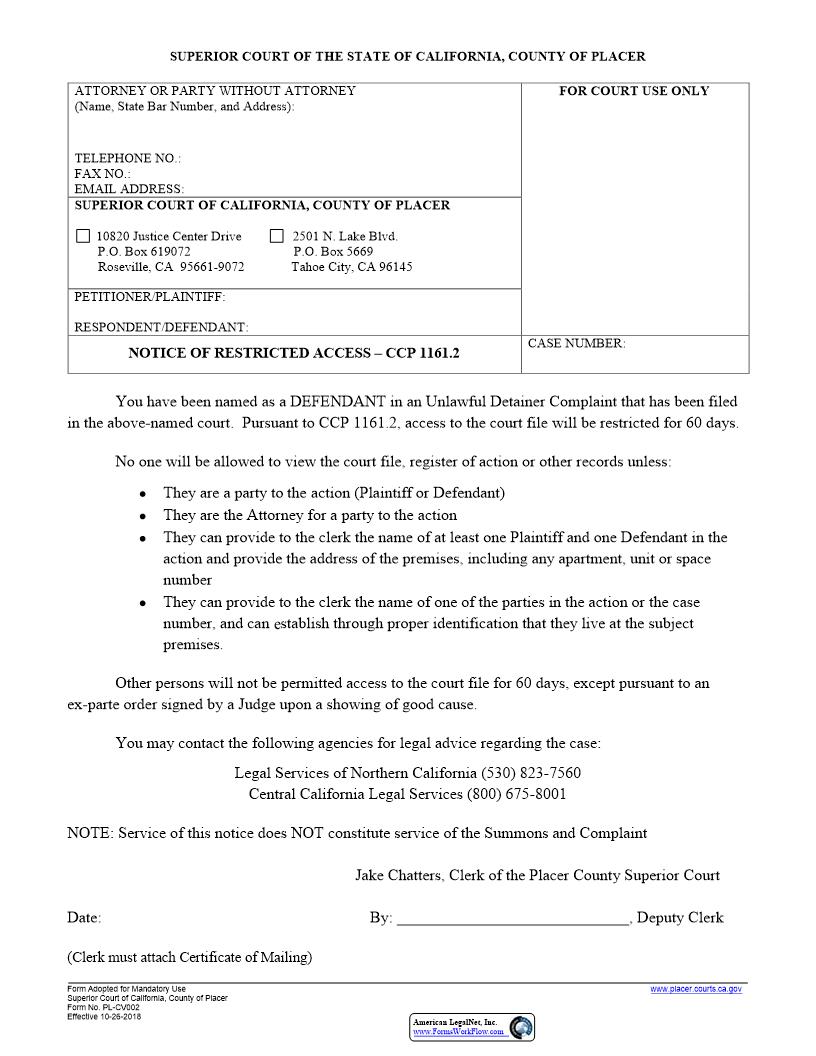 Notice Of Restricted Access {PL-CV002} | Pdf Fpdf Docx | California