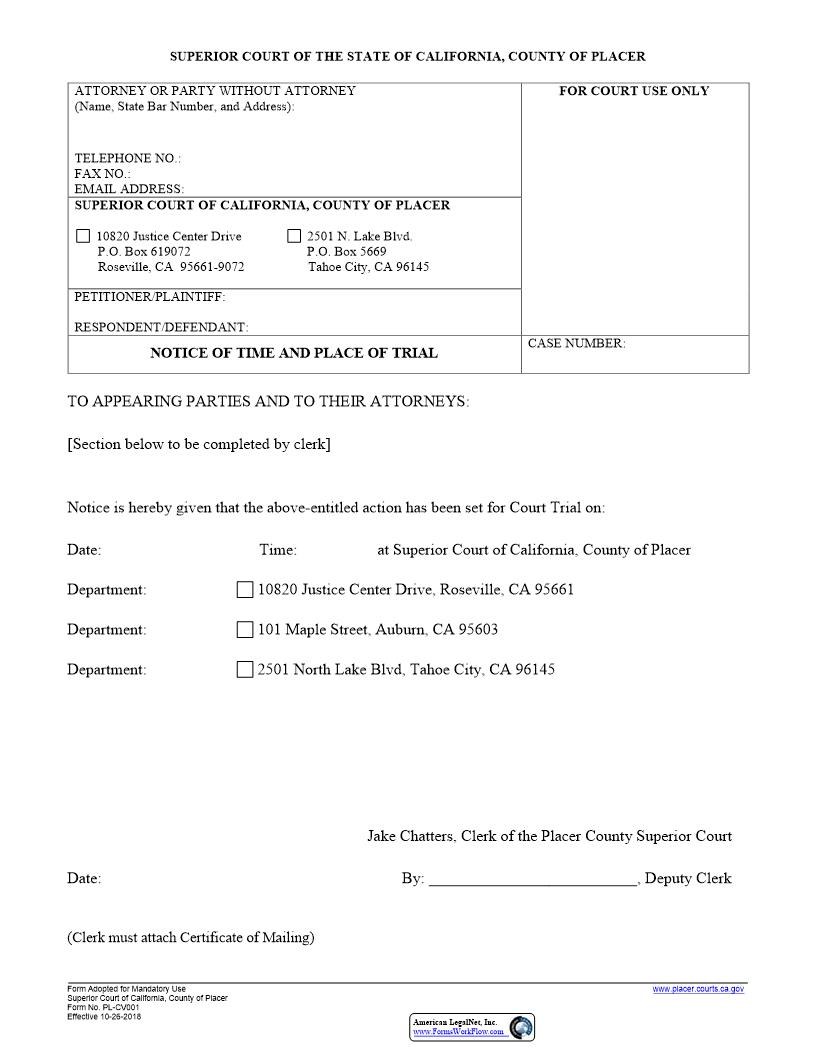 Notice Of Time And Place Of Trial {PL-CV001} | Pdf Fpdf Docx | California