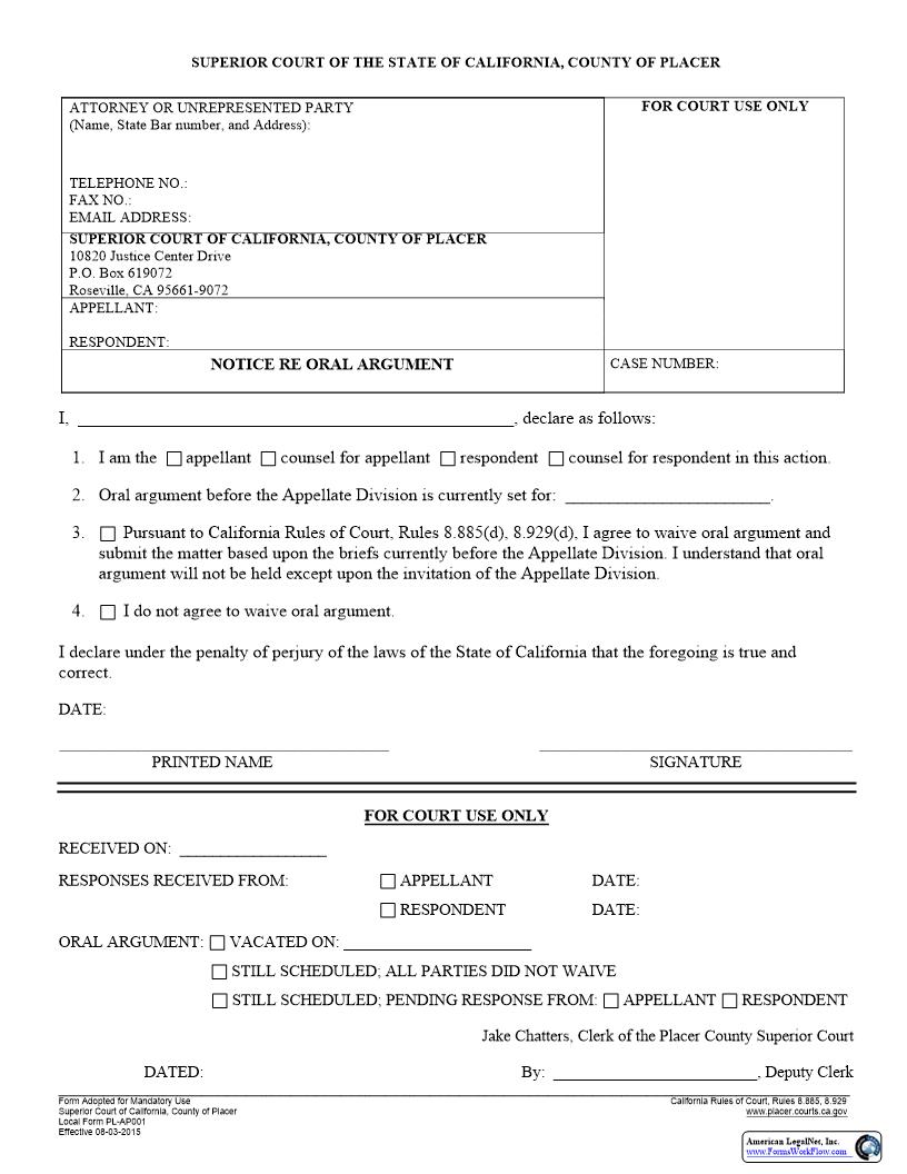 Notice Re Oral Argument {PL-AP001} | Pdf Fpdf Docx | California