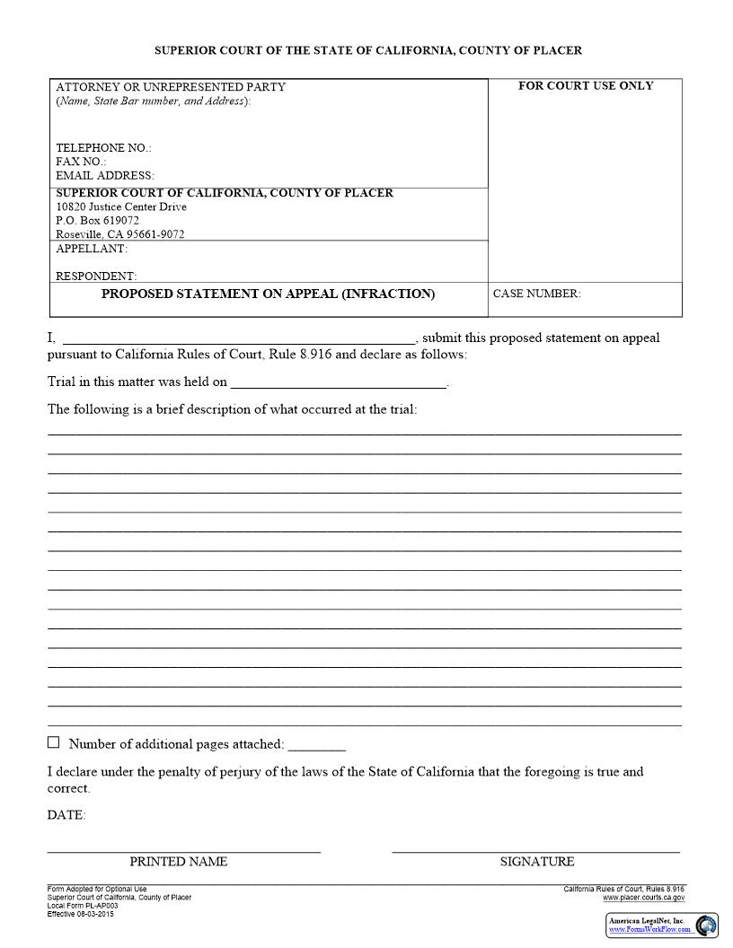 Proposed Statement On Appeal (Infraction) {PL-AP003} | Pdf Fpdf Docx | California