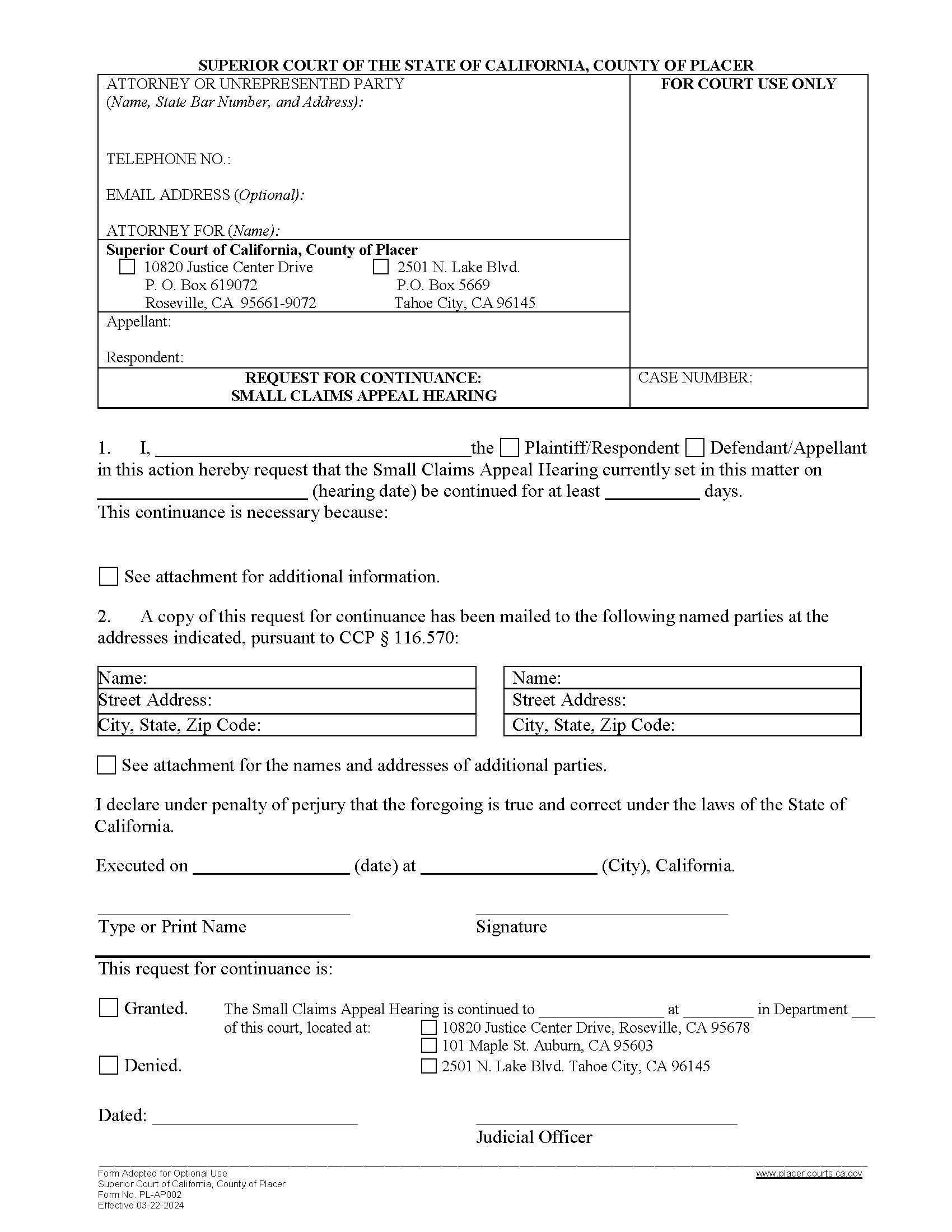 Request For Continuance-Small Claims Appeal Hearing {PL-AP002} | Pdf Fpdf Docx | California