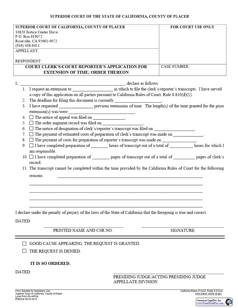 Request For Extension Of Time (Court Clerks-Court Reporters Application) {PL-AP004} | Pdf Fpdf Docx | California