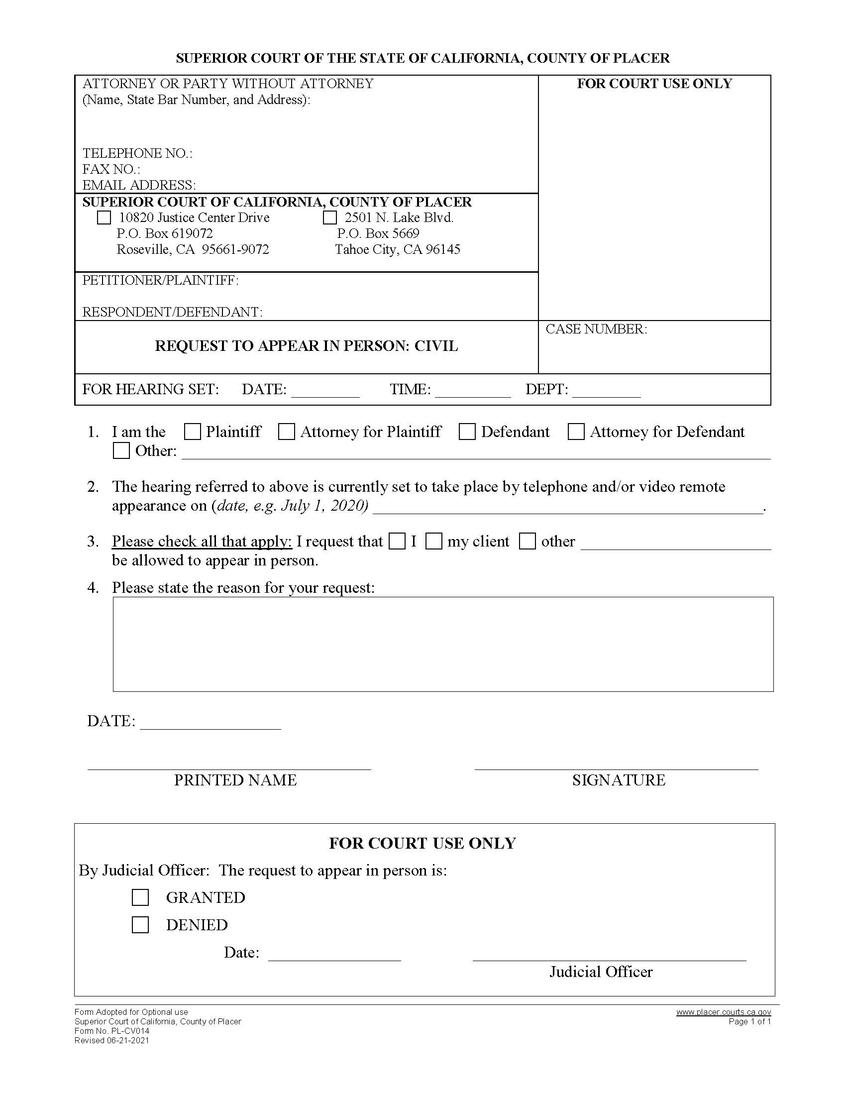 Request To Appear In Person {PL-CV014} | Pdf Fpdf Docx | California