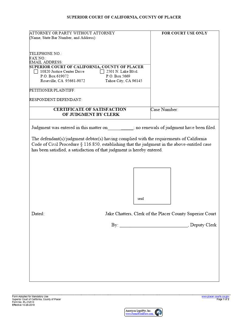 Satisfaction Of Judgment By Clerk (And Declaration) {PL-CV010} | Pdf Fpdf Docx | California