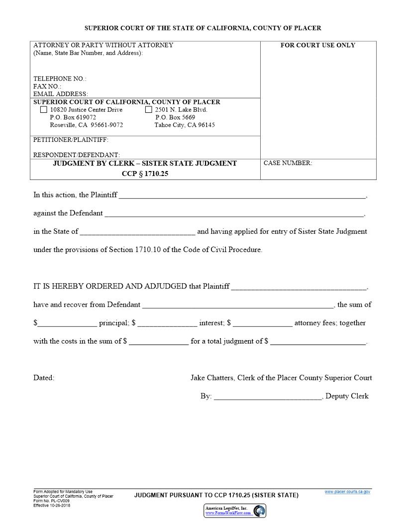 Sister State Judgment Pursuant To CCP 1710.25 {PL-CV009} | Pdf Fpdf Docx | California