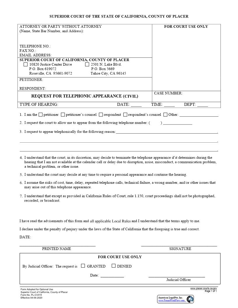 Telephonic Appearance (Request For Telephonic Appearance (Civil)) {PL-CV015} | Pdf Fpdf Docx | California