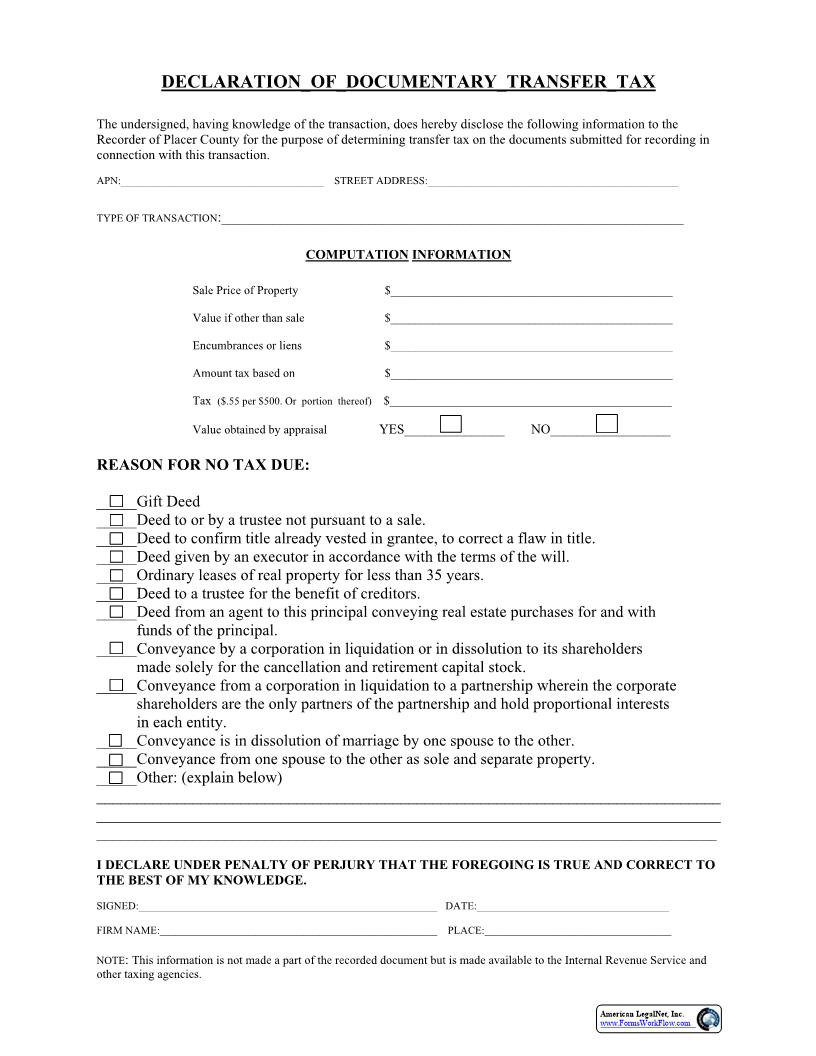 Declaration Of Documentary Transfer Tax (Placer Recorder) | Pdf Fpdf Docx | California