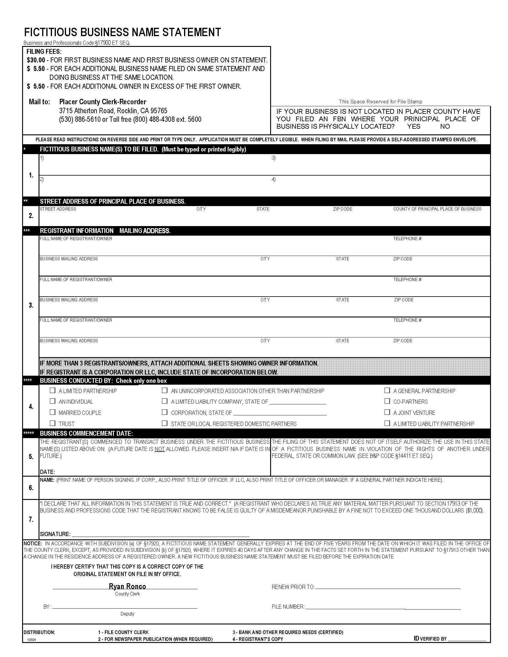 Fictitious Business Name Statement (Placer) | Pdf Fpdf Docx | California