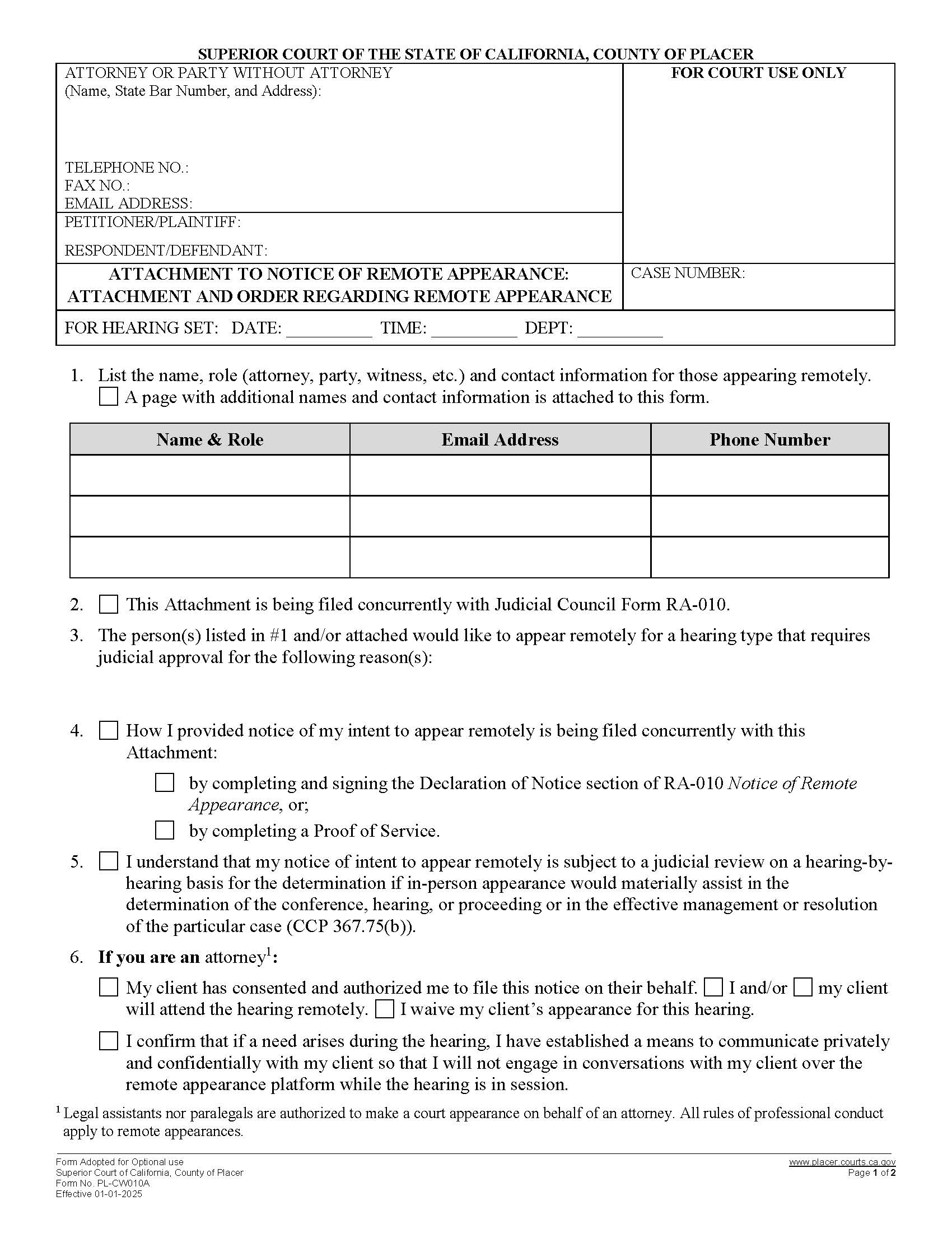 Attachment To Notice Of Remote Appearance {PL-CW010A} | Pdf Fpdf Docx | California