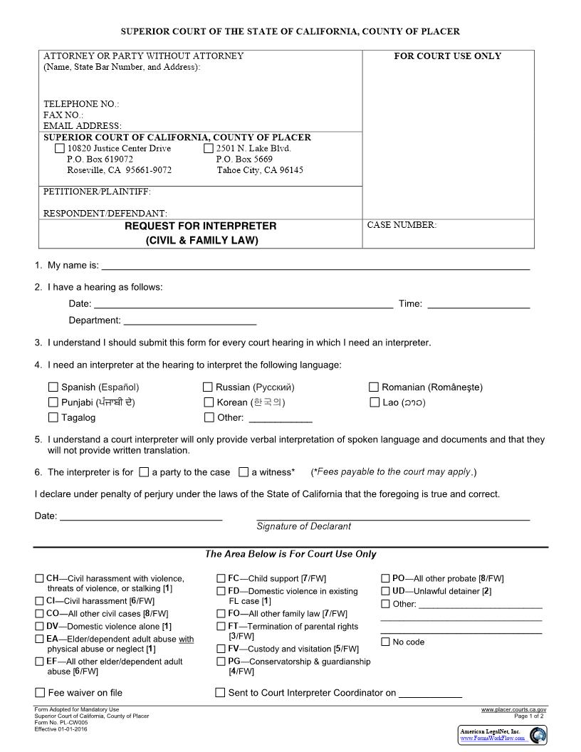 Interpreter Request Form For Civil And Family Law (Request For Interpreter) {PL-CW005} | Pdf Fpdf Docx | California